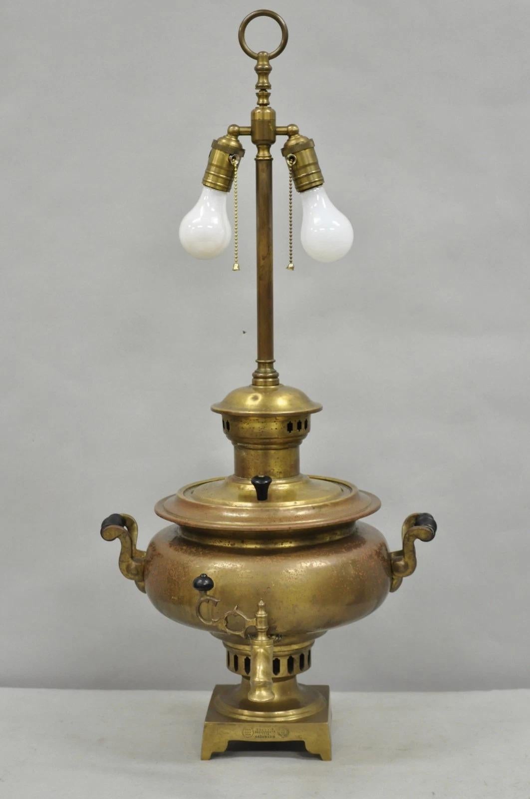Antique Victorian Russian Brass Samovar Converted Twin Handle Table Lamp For Sale 7