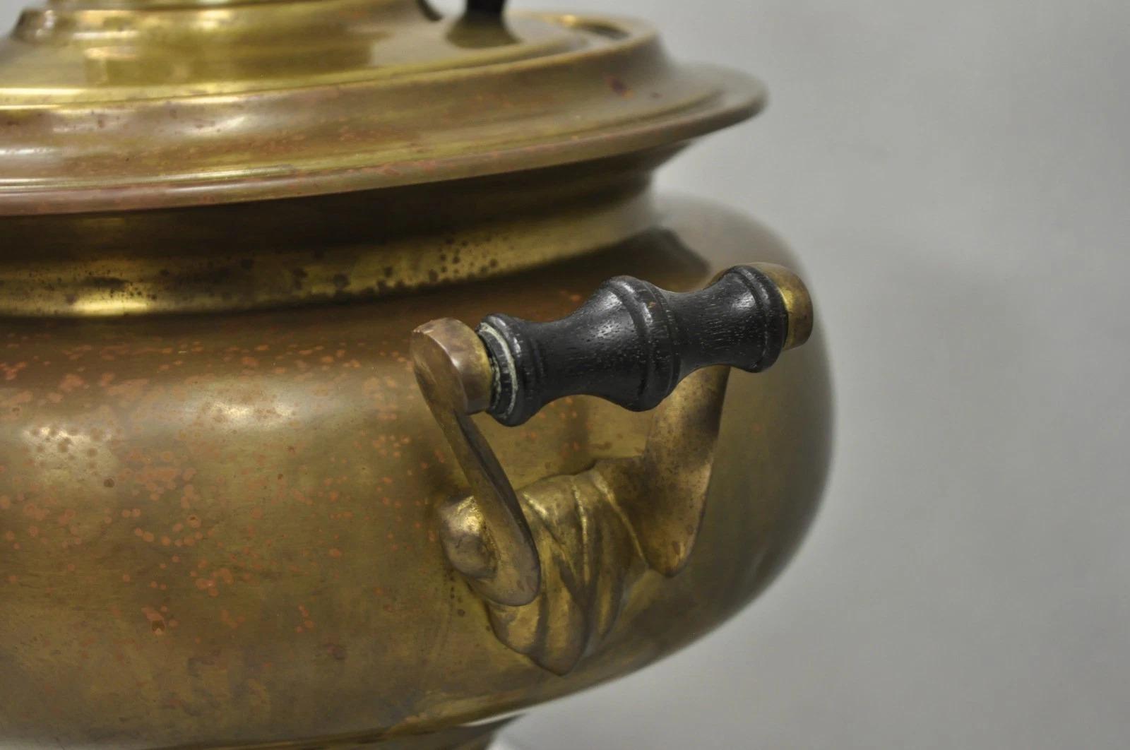 Antique Victorian Russian Brass Samovar Converted Twin Handle Table Lamp For Sale 9