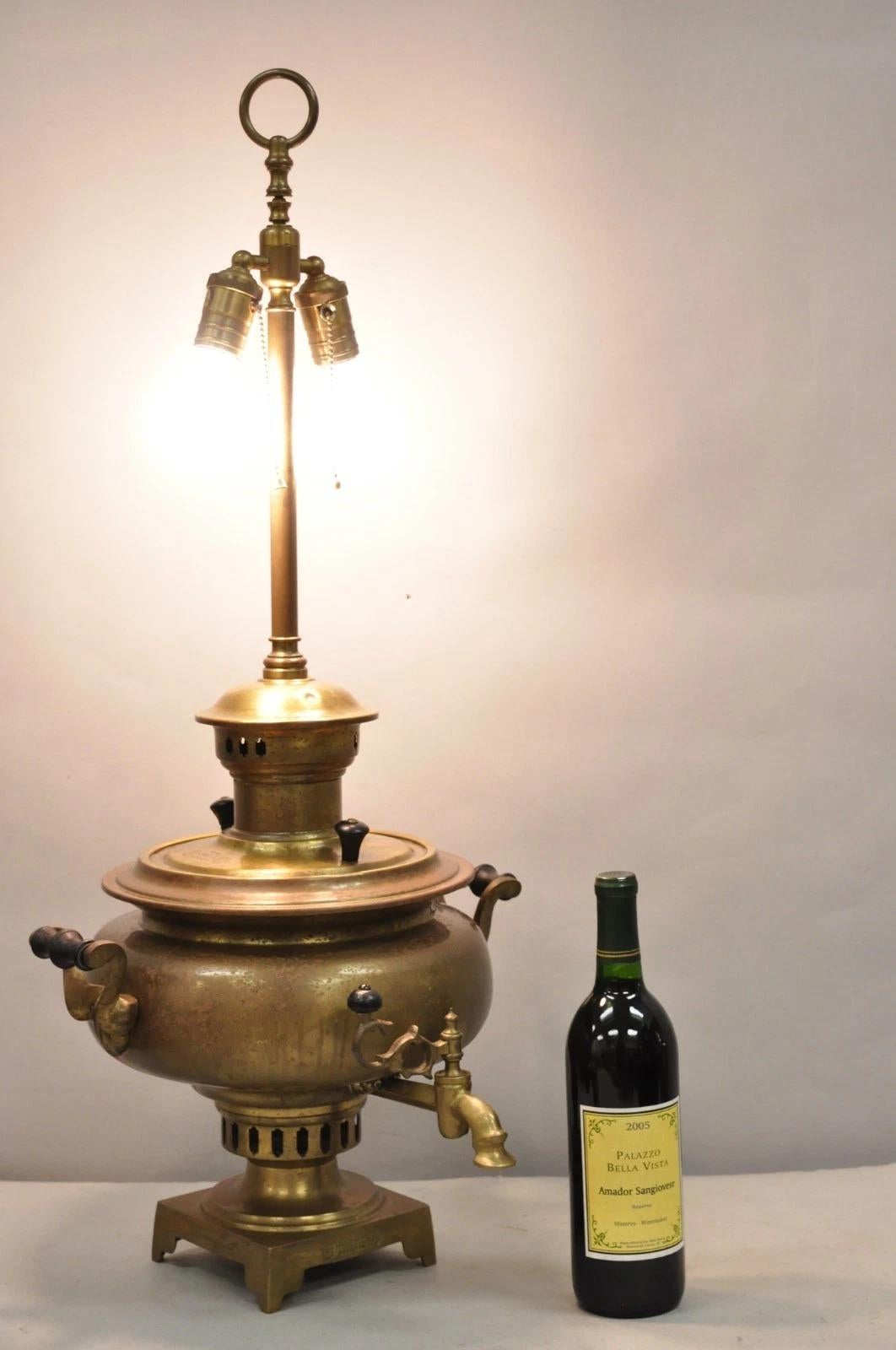 Antique Victorian Russian Brass Samovar Converted Twin Handle Table Lamp. Circa Early 20th Century. Measurements: 33.5