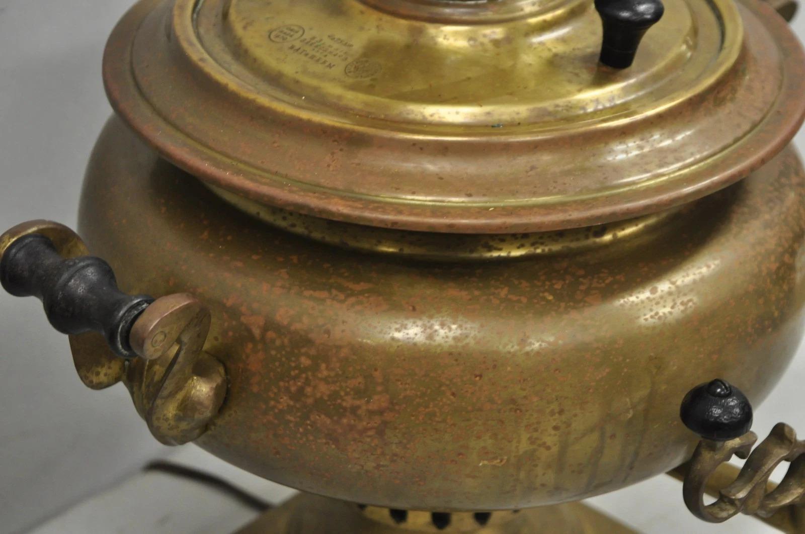 Antique Victorian Russian Brass Samovar Converted Twin Handle Table Lamp For Sale 3