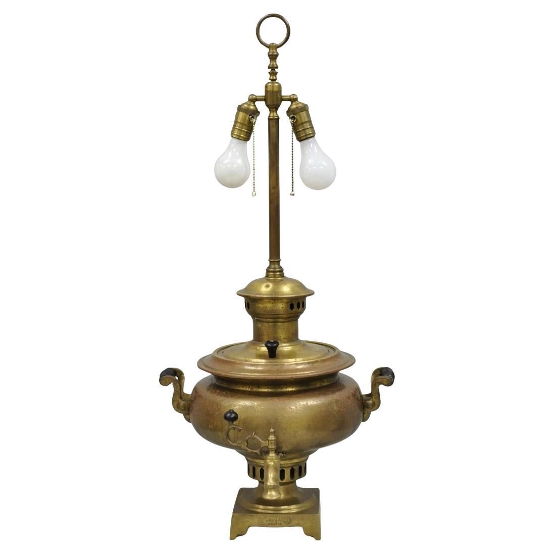 Antique Victorian Russian Brass Samovar Converted Twin Handle Table Lamp For Sale