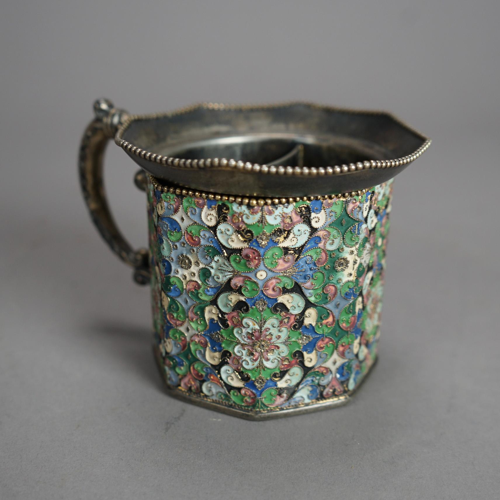 An antique Victorian Russian enameled silver plate shaving mug offers octagonal form with insert, 19th century

Measures - 3.5