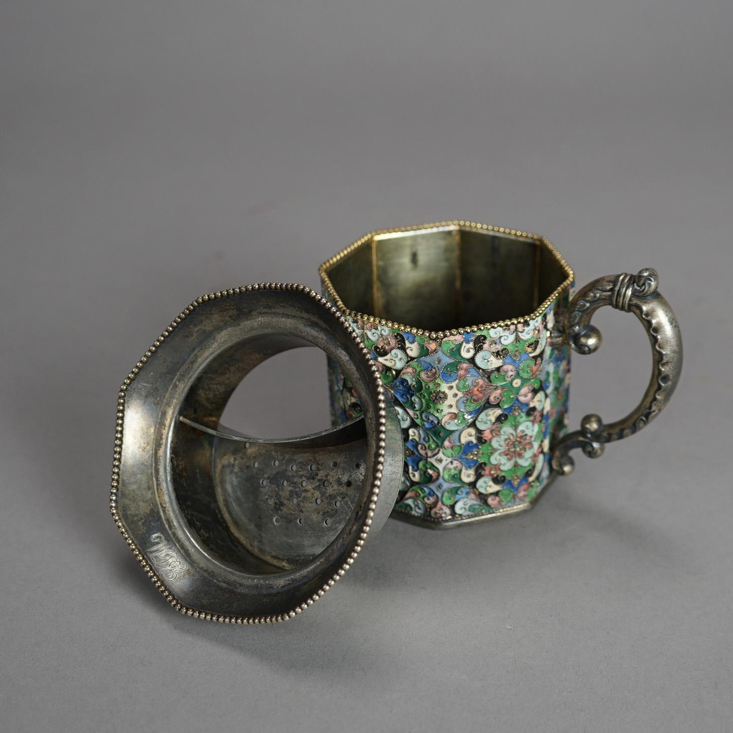 Antique Victorian Russian Enameled Silver Plated Shaving Mug 19th C In Good Condition In Big Flats, NY