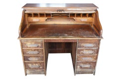 Antique Victorian S-Curve Solid Oak Roll Top Desk Tambour Door Side Drawers
