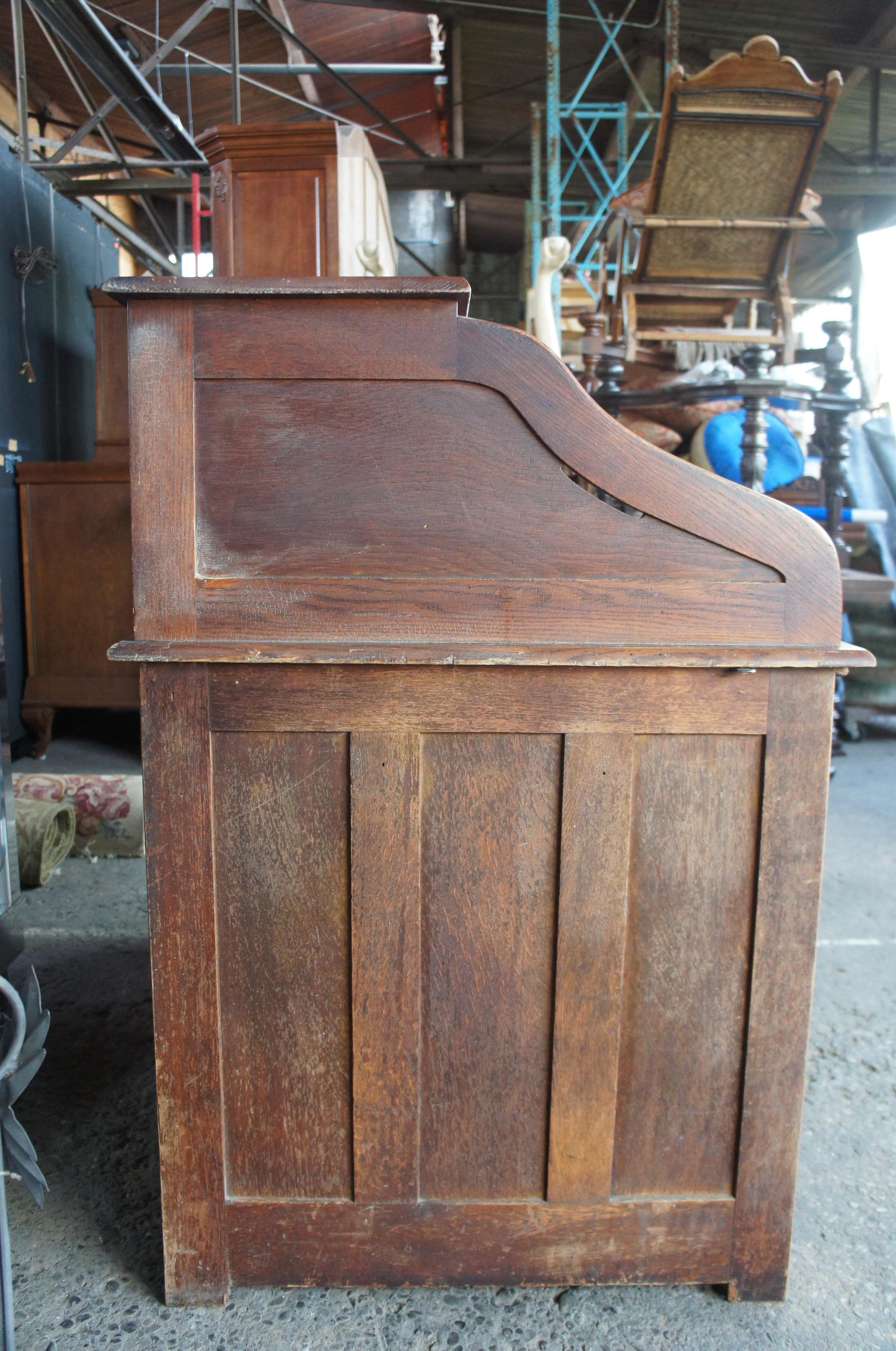 Antique Victorian S-Curve Solid Oak Roll Top Desk Tambour Door Side Drawers 1