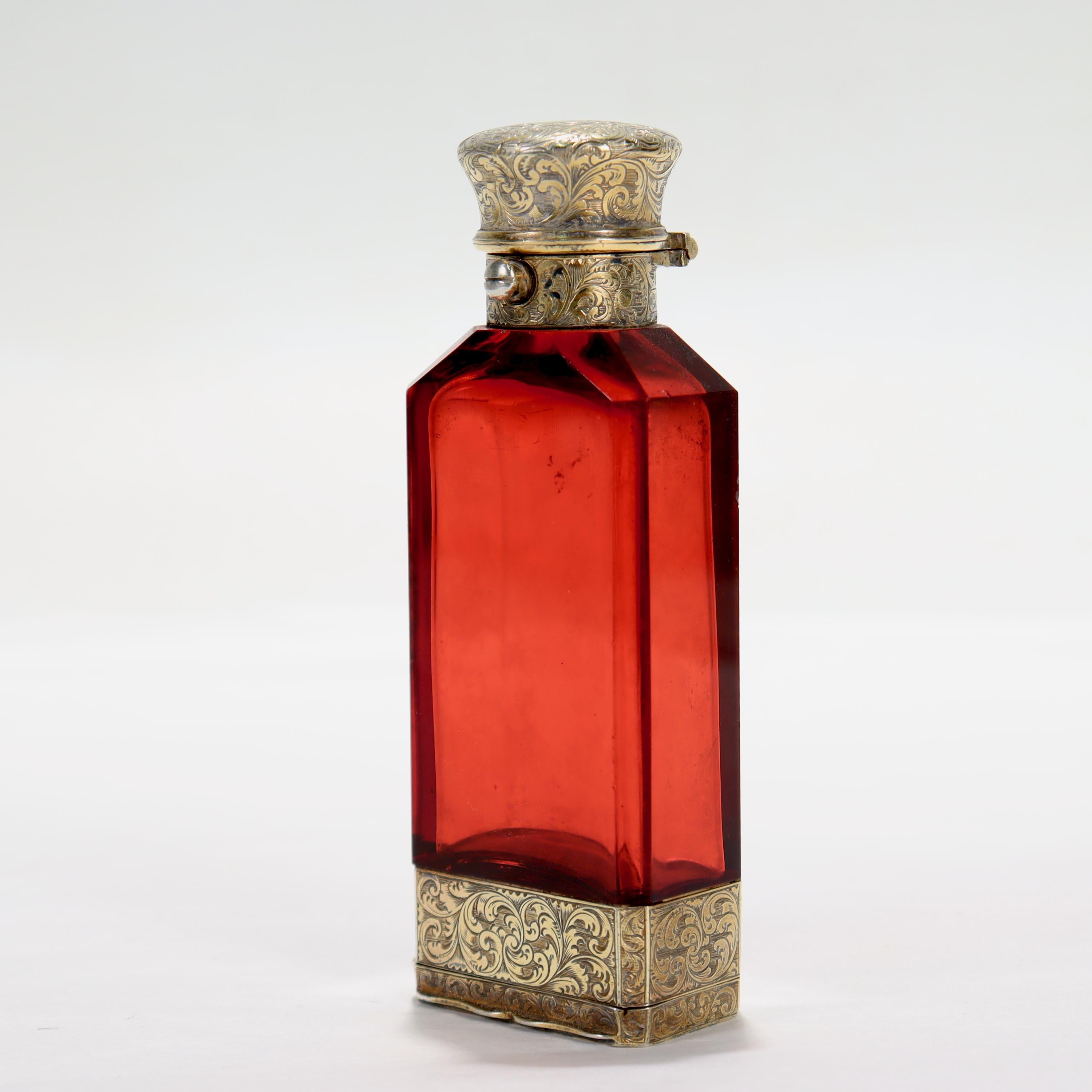British Antique Victorian S Mordan & Co Glass & Sterling Silver Vinaigrette Scent Bottle For Sale