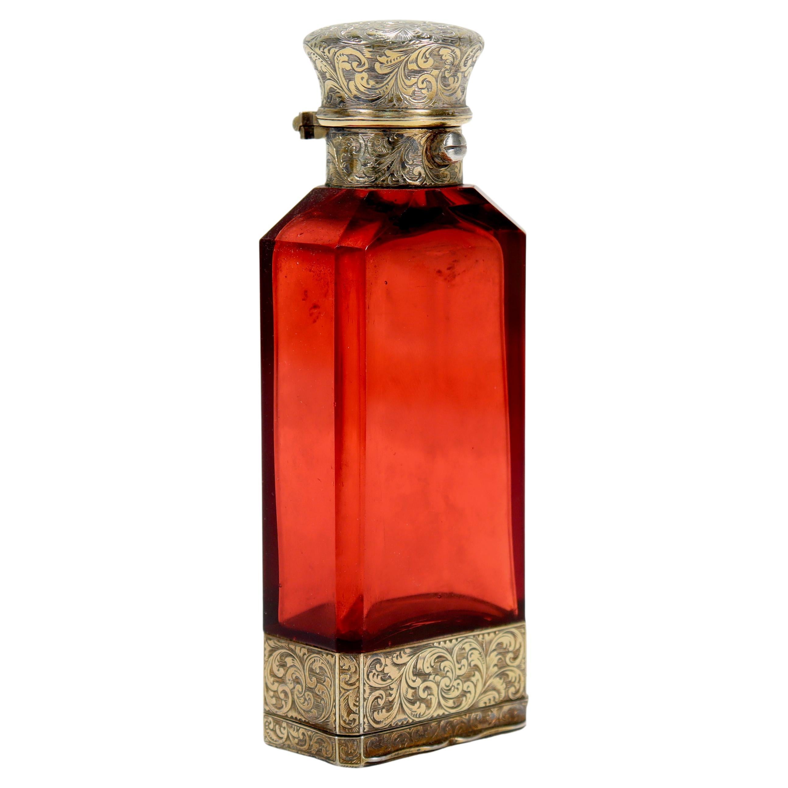 Antike viktorianische S Mordan & Co Vinaigrette-Duftflasche aus Glas und Sterlingsilber