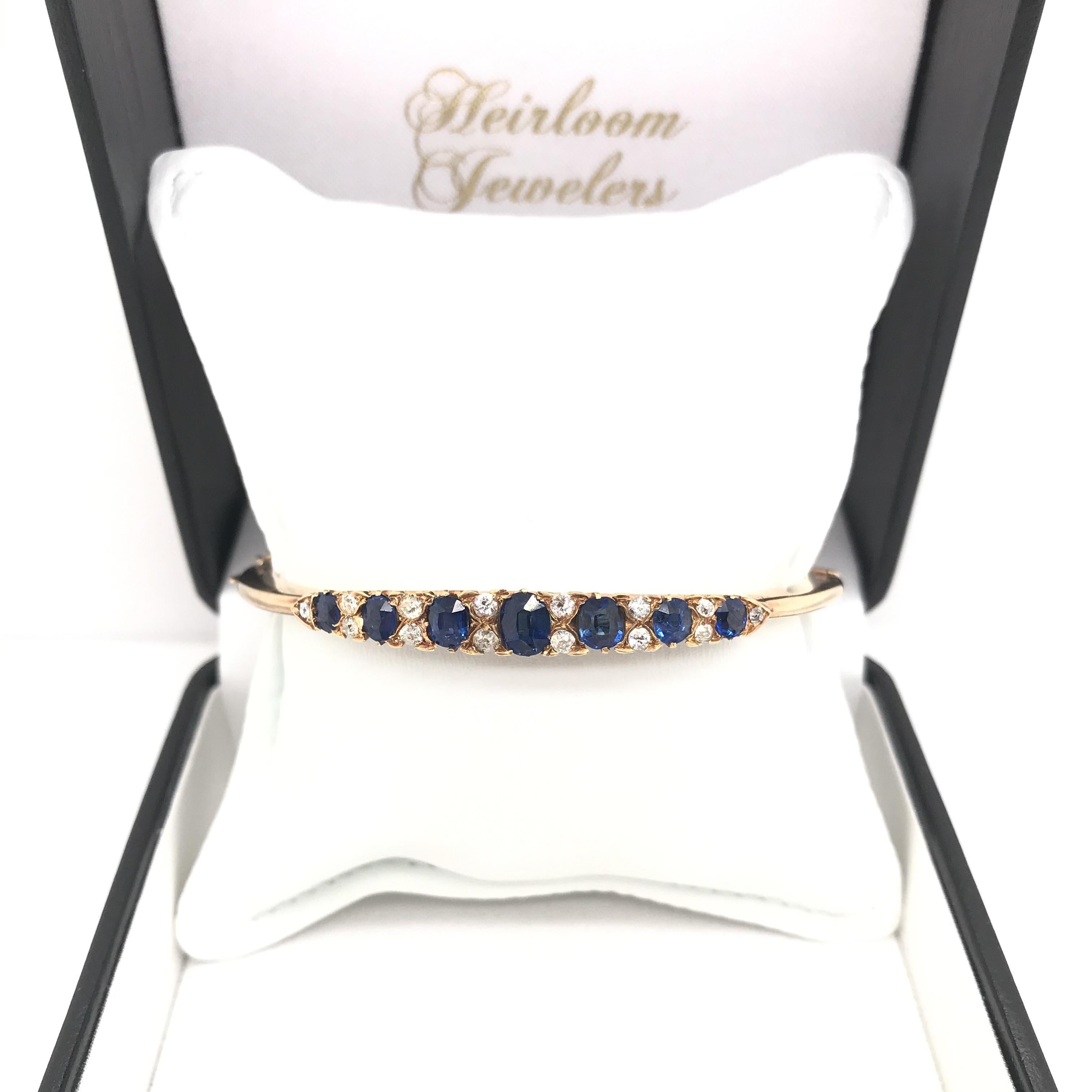 Antique Cushion Cut Antique Victorian Sapphire and Diamond Bangle Bracelet For Sale