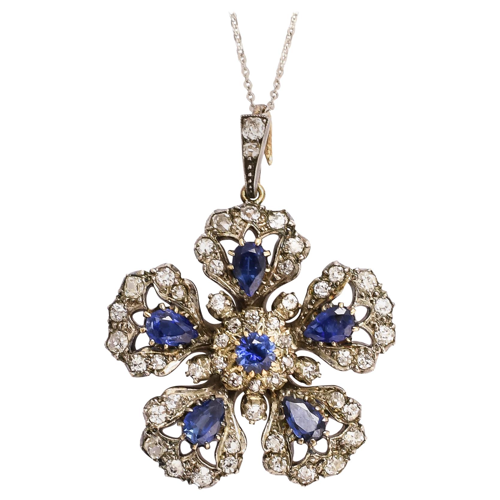 Antique Victorian Sapphire and Diamond Flower Pendant