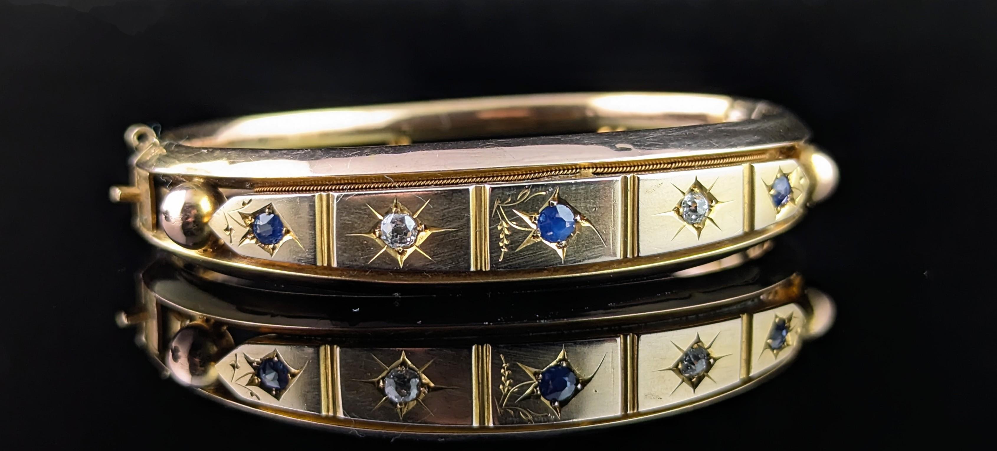 Old Mine Cut Antique Victorian Sapphire and Diamond, star set, 9k yellow gold For Sale