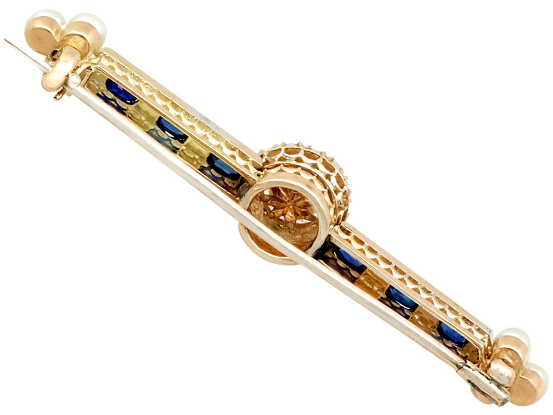 Oval Cut Antique Victorian Sapphire and Pearl Diamond and Yellow Gold Bar Brooch For Sale