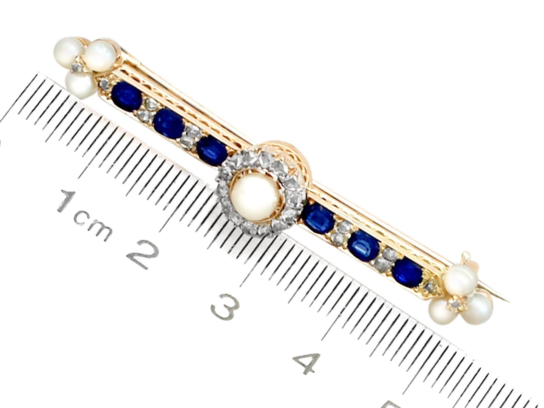 Women's or Men's Antique Victorian Sapphire and Pearl Diamond and Yellow Gold Bar Brooch For Sale