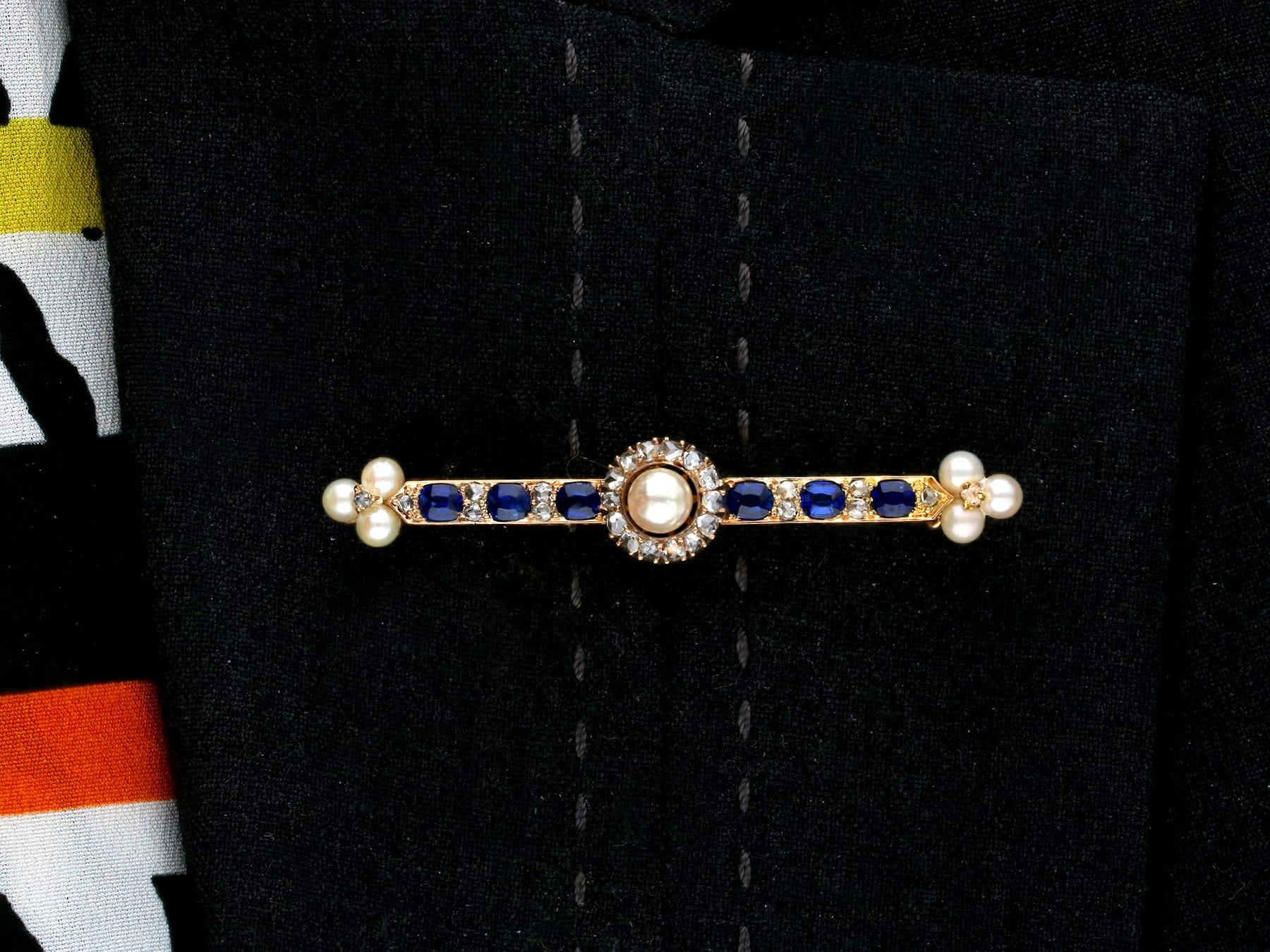 Antique Victorian Sapphire and Pearl Diamond and Yellow Gold Bar Brooch For Sale 2