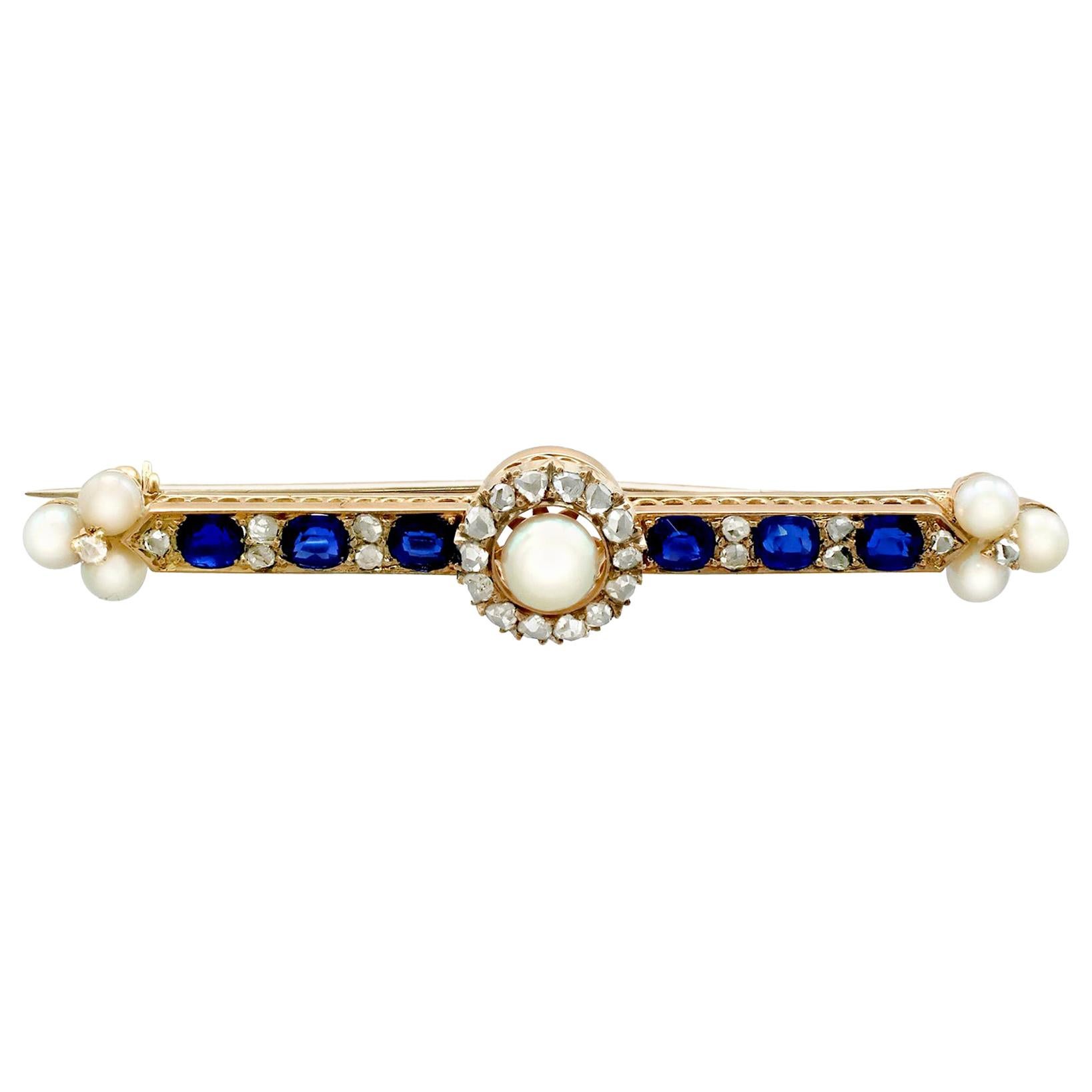 Antique Victorian Sapphire and Pearl Diamond and Yellow Gold Bar Brooch