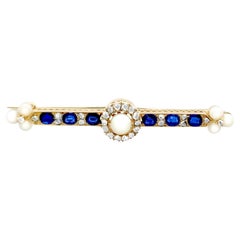 Antique Victorian Sapphire and Pearl Diamond and Yellow Gold Bar Brooch