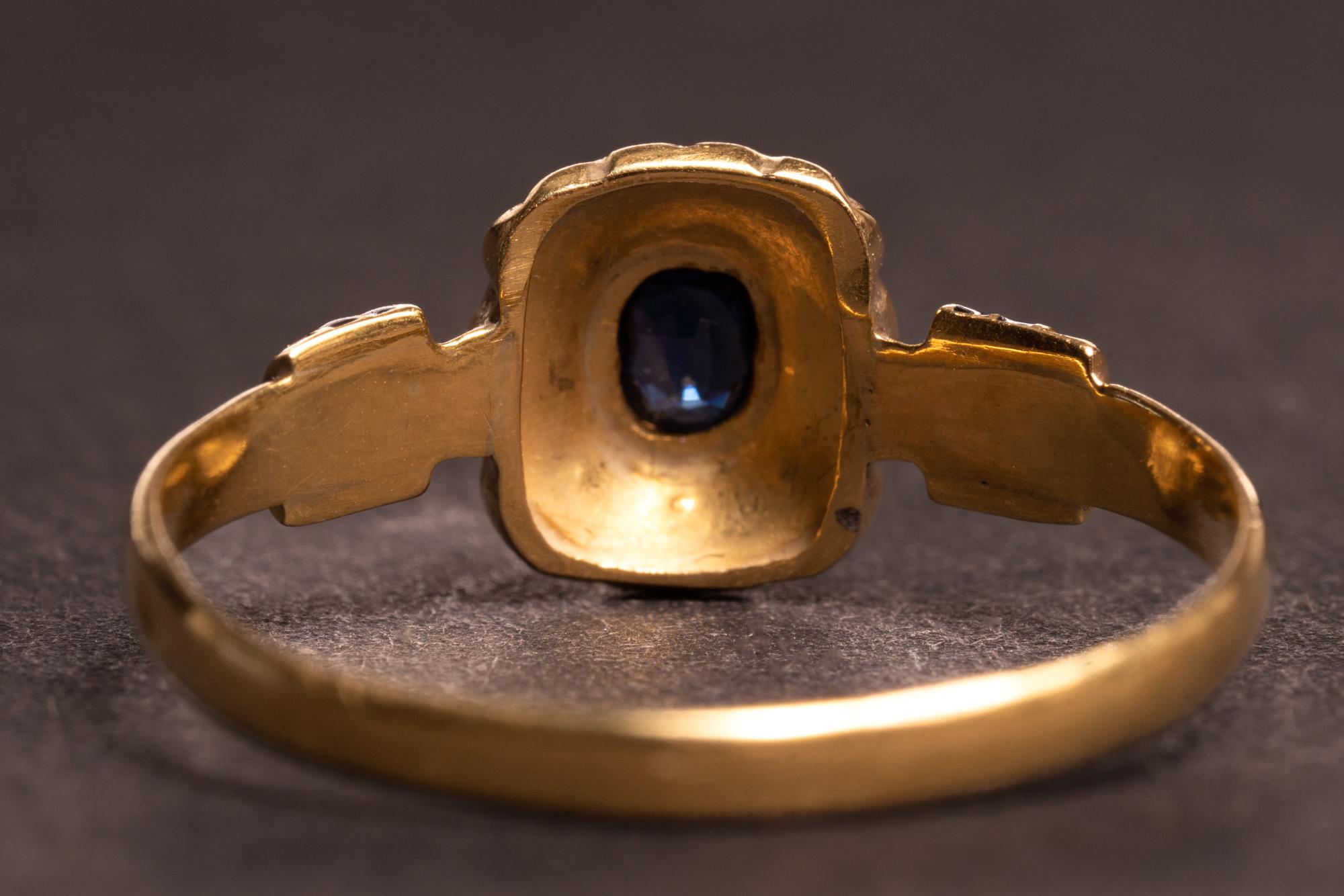 High Victorian Antique Victorian Sapphire and Pearl Gold Ring, Antique French Gold Enamel Ring For Sale