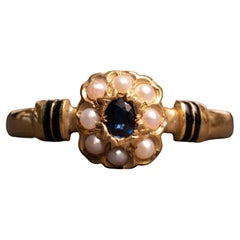 Antique Victorian Sapphire and Pearl Gold Ring, French 18k Gold Pearl Daisy Ring