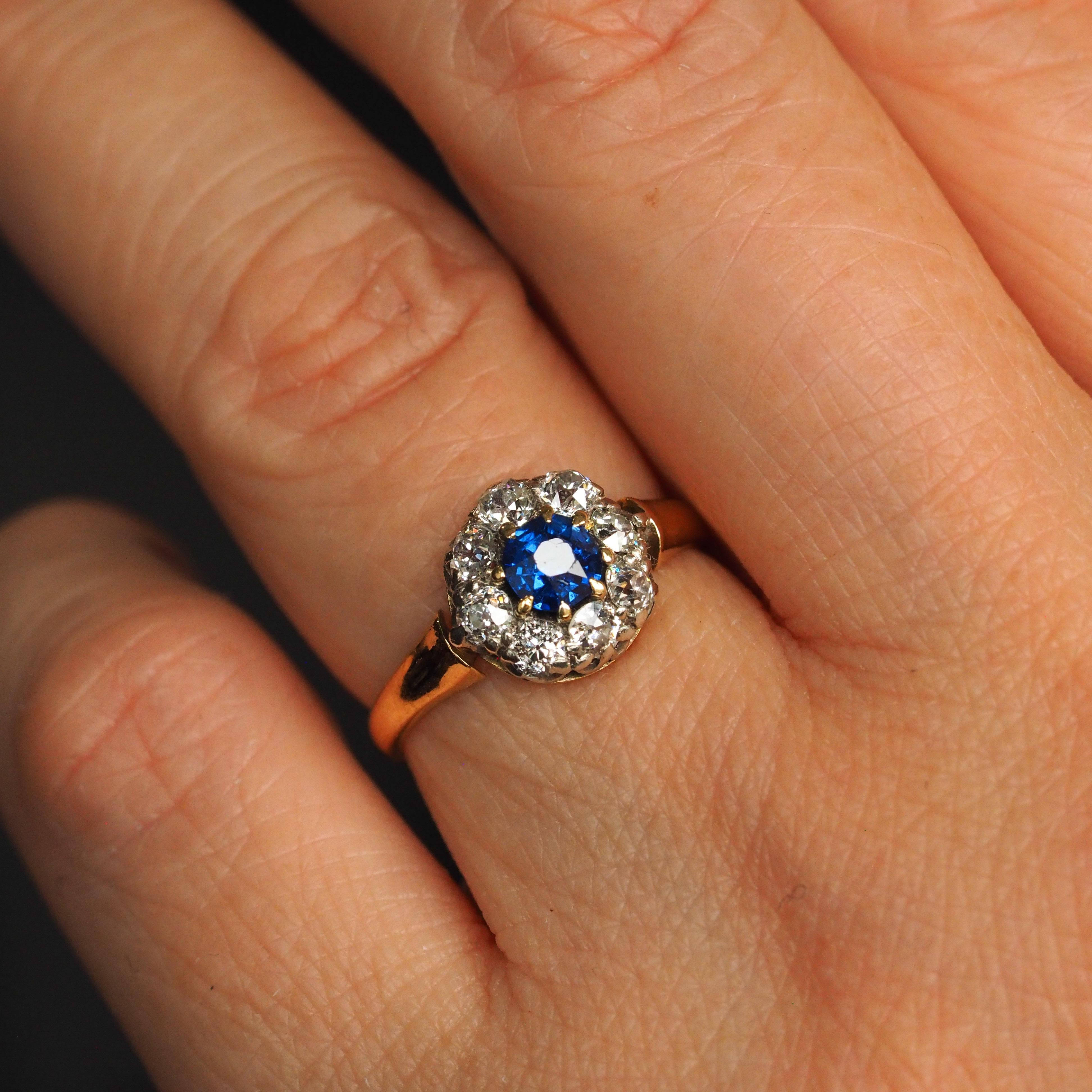 Antique Victorian Sapphire & Diamond 18K Gold Cluster Ring - c.1900 In Good Condition In London, GB