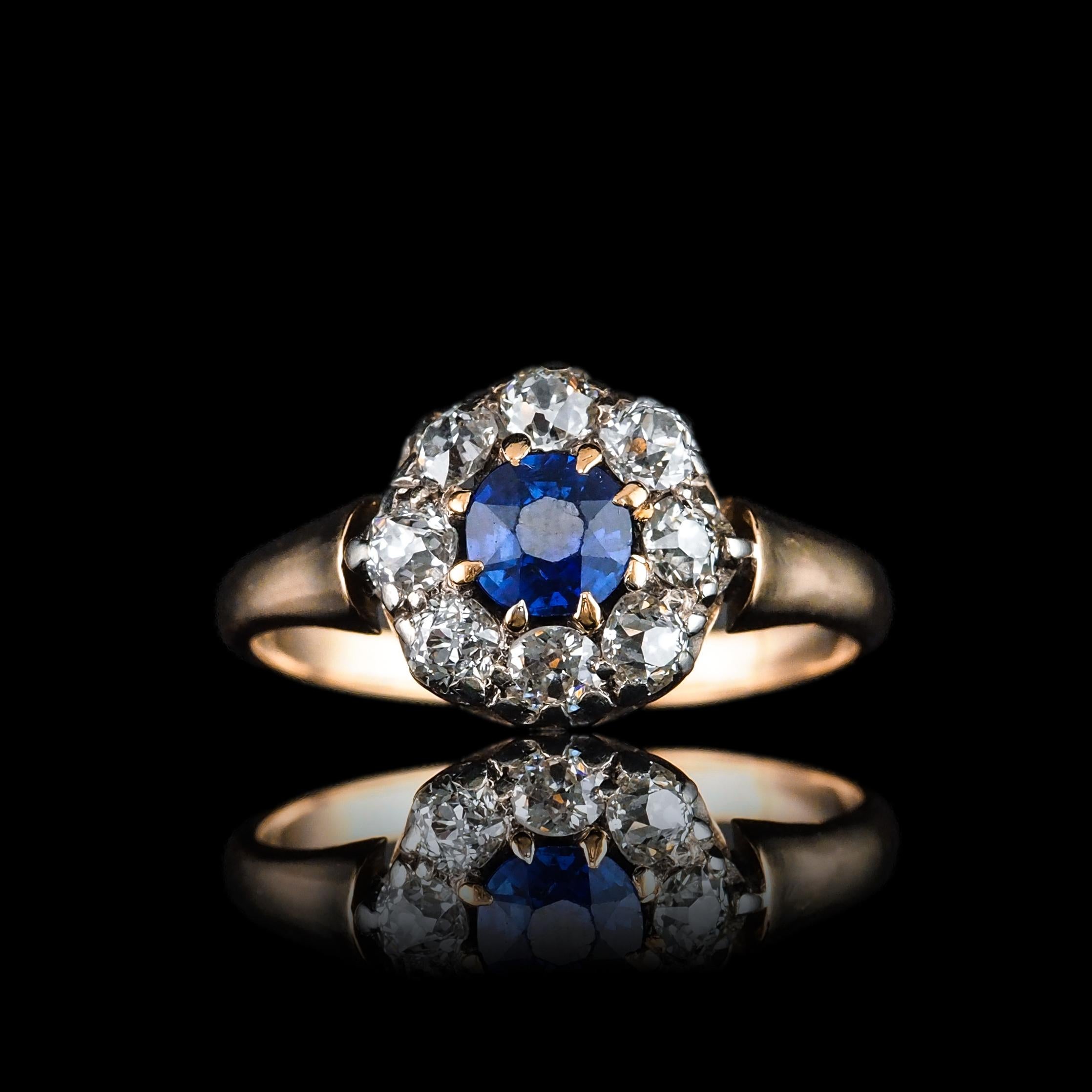 Antique Victorian Sapphire & Diamond 18K Gold Cluster Ring - c.1900 1