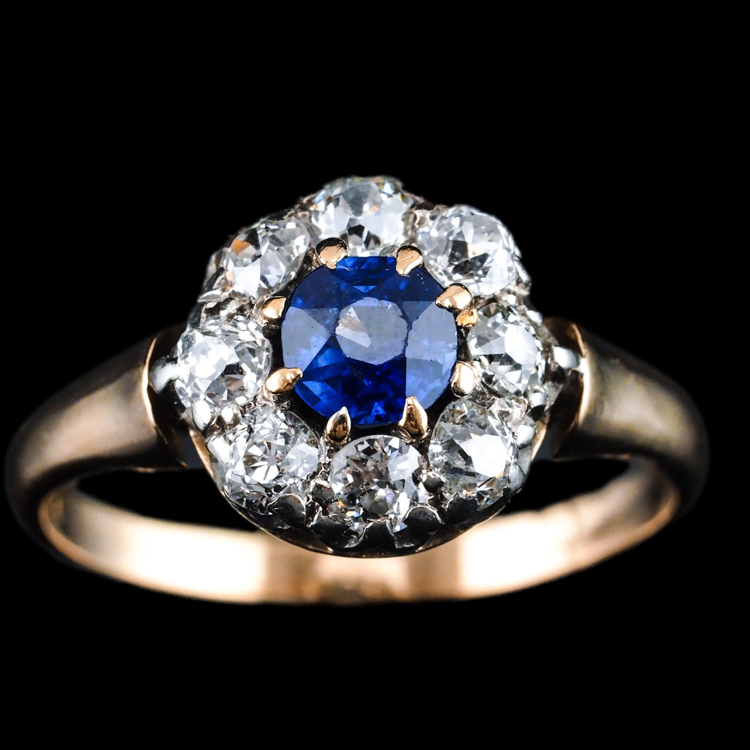 Antique Victorian Sapphire & Diamond 18K Gold Cluster Ring - c.1900 3