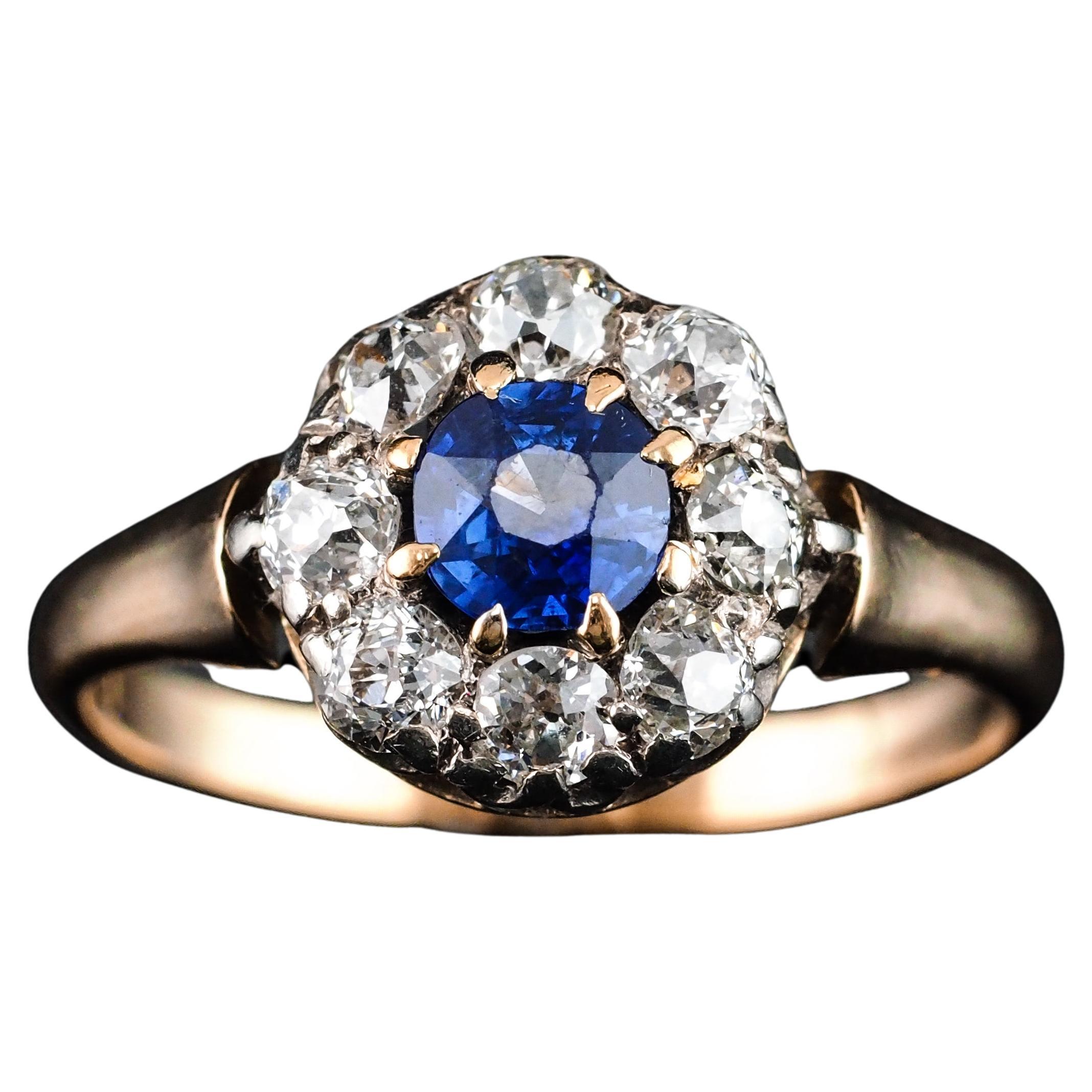 Antique Victorian Sapphire & Diamond 18K Gold Cluster Ring - c.1900