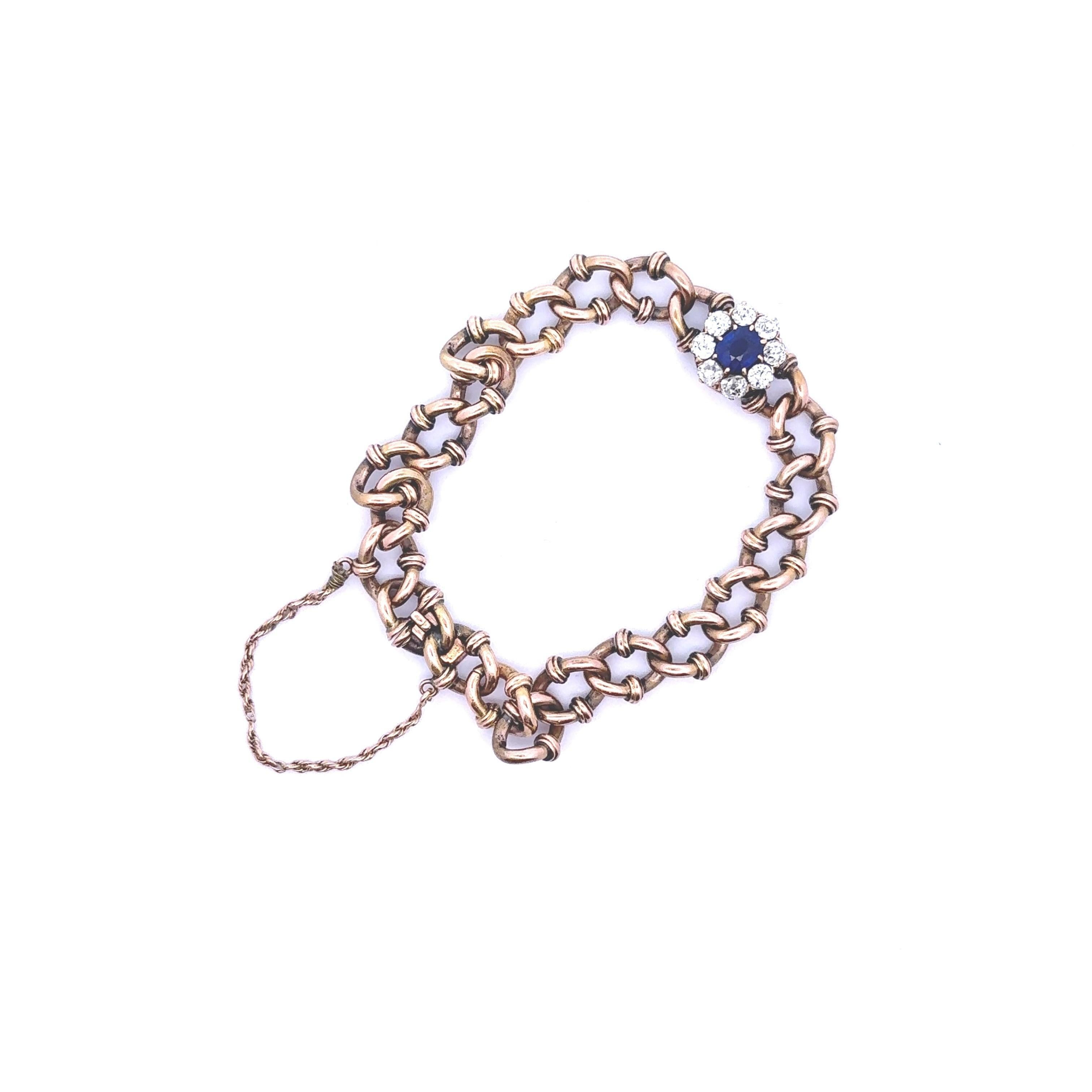 Victorien Bracelet à maillons victorien ancien en or jaune 18 carats avec saphirs et diamants, certifié AGL en vente