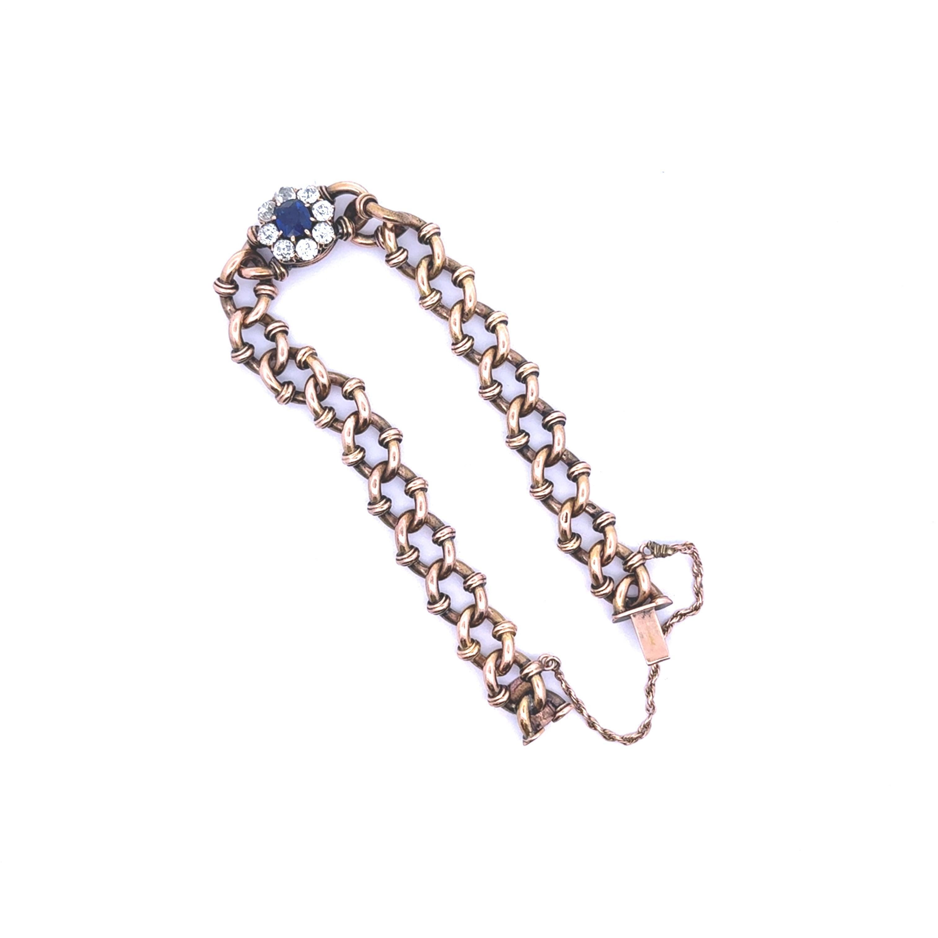 Taille vieille Europe Bracelet à maillons victorien ancien en or jaune 18 carats avec saphirs et diamants, certifié AGL en vente