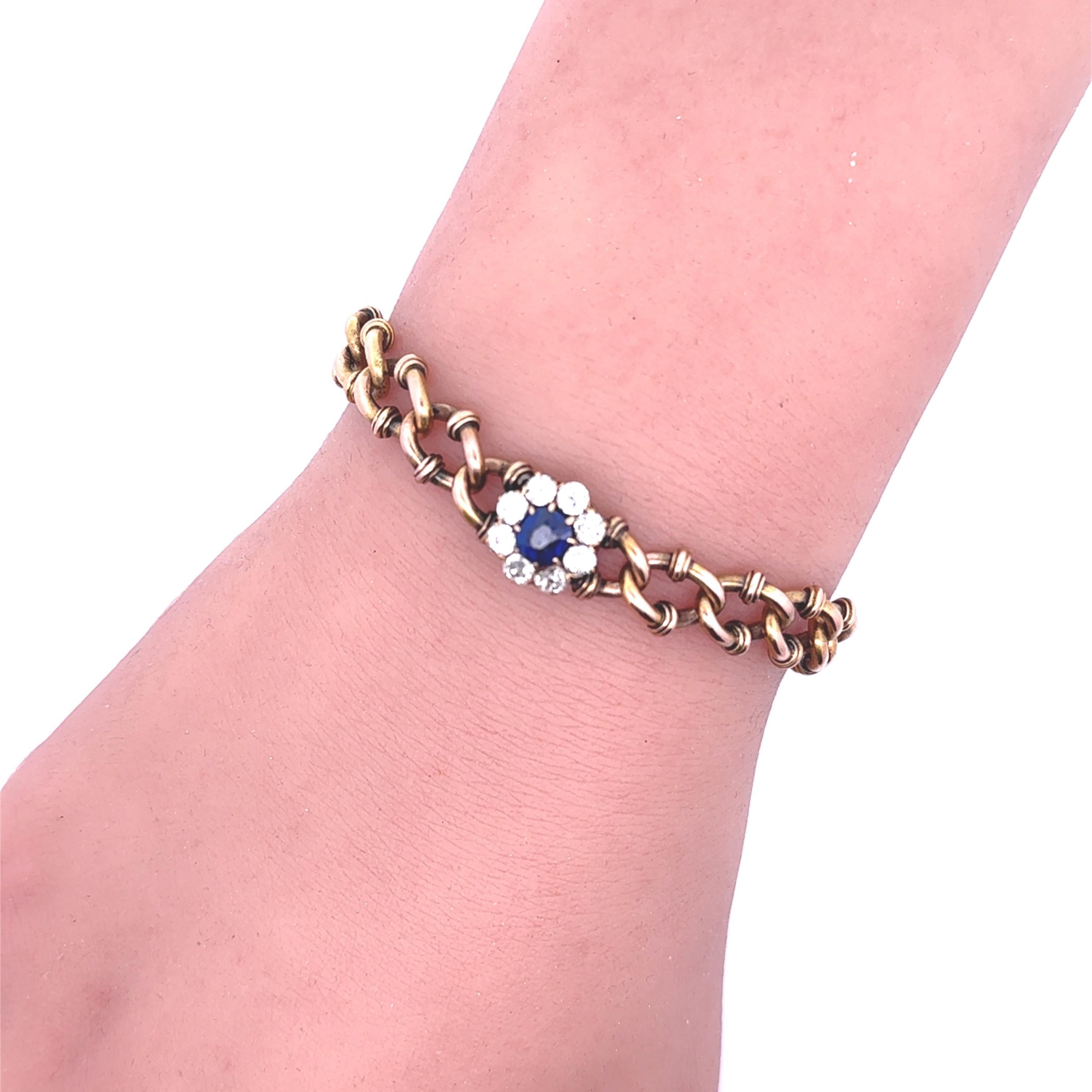 Bracelet à maillons victorien ancien en or jaune 18 carats avec saphirs et diamants, certifié AGL Excellent état - En vente à Beverly Hills, CA
