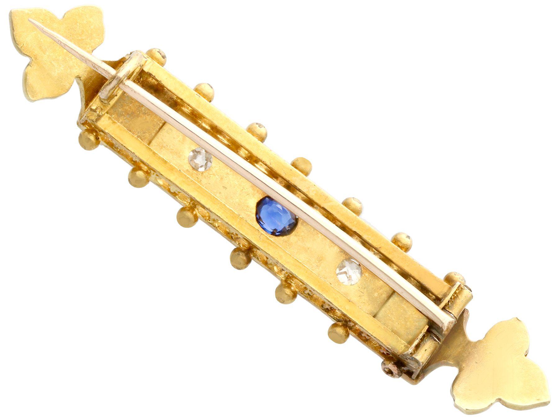 Round Cut Antique Victorian Sapphire Diamond and Pearl Yellow Gold Bar Brooch, circa 1890 For Sale