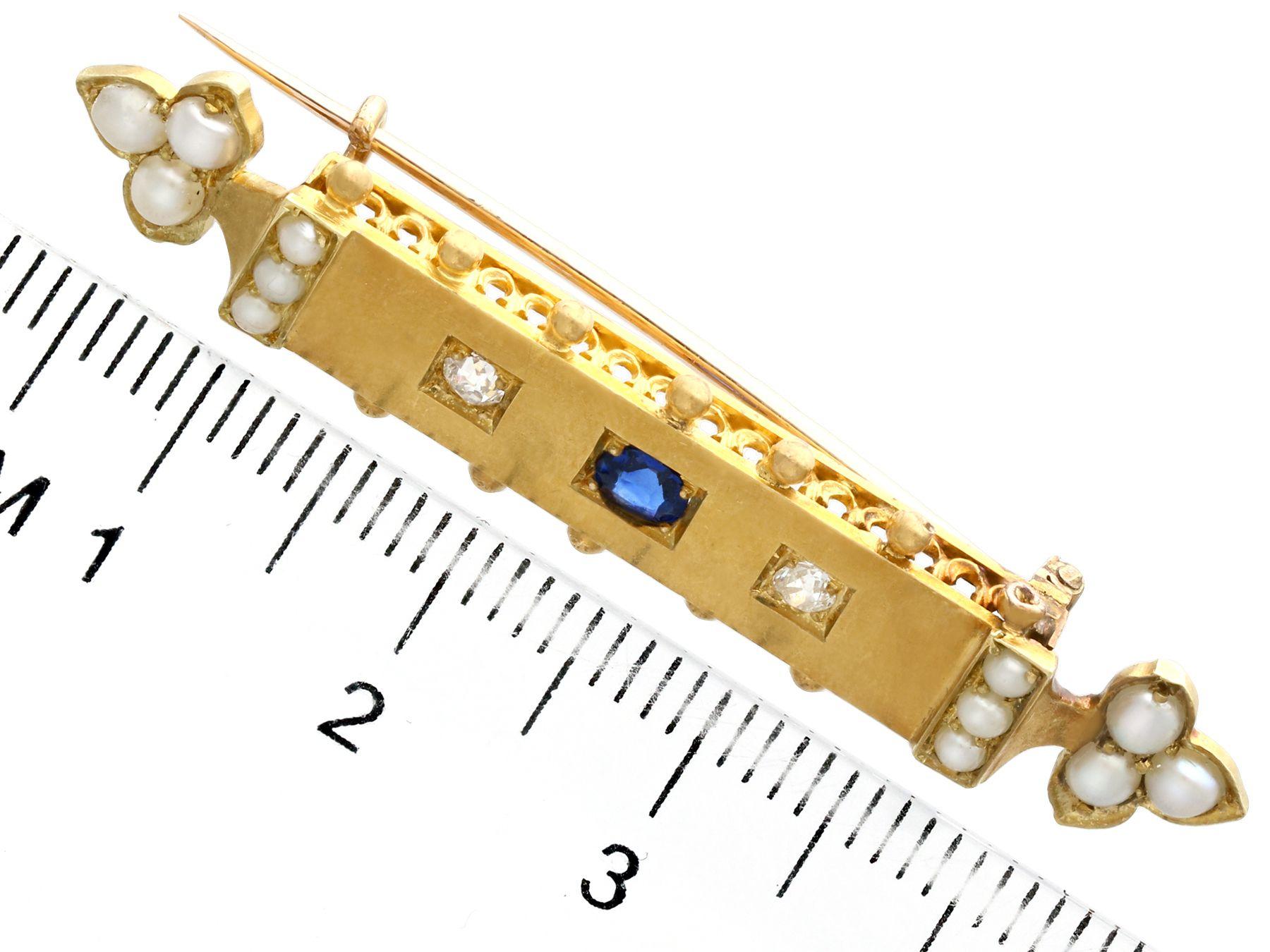 Women's or Men's Antique Victorian Sapphire Diamond and Pearl Yellow Gold Bar Brooch, circa 1890 For Sale