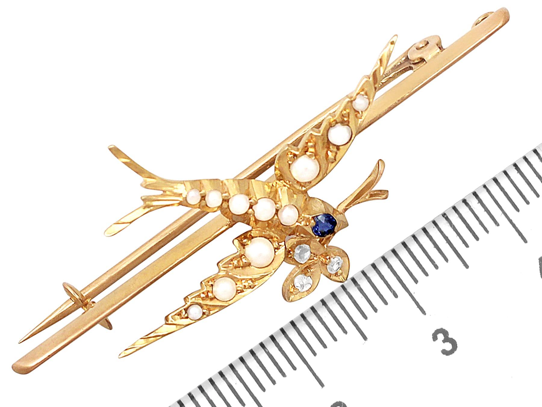 Women's Antique Victorian Sapphire Diamond and Seed Pearl Yellow Gold Swallow Brooch