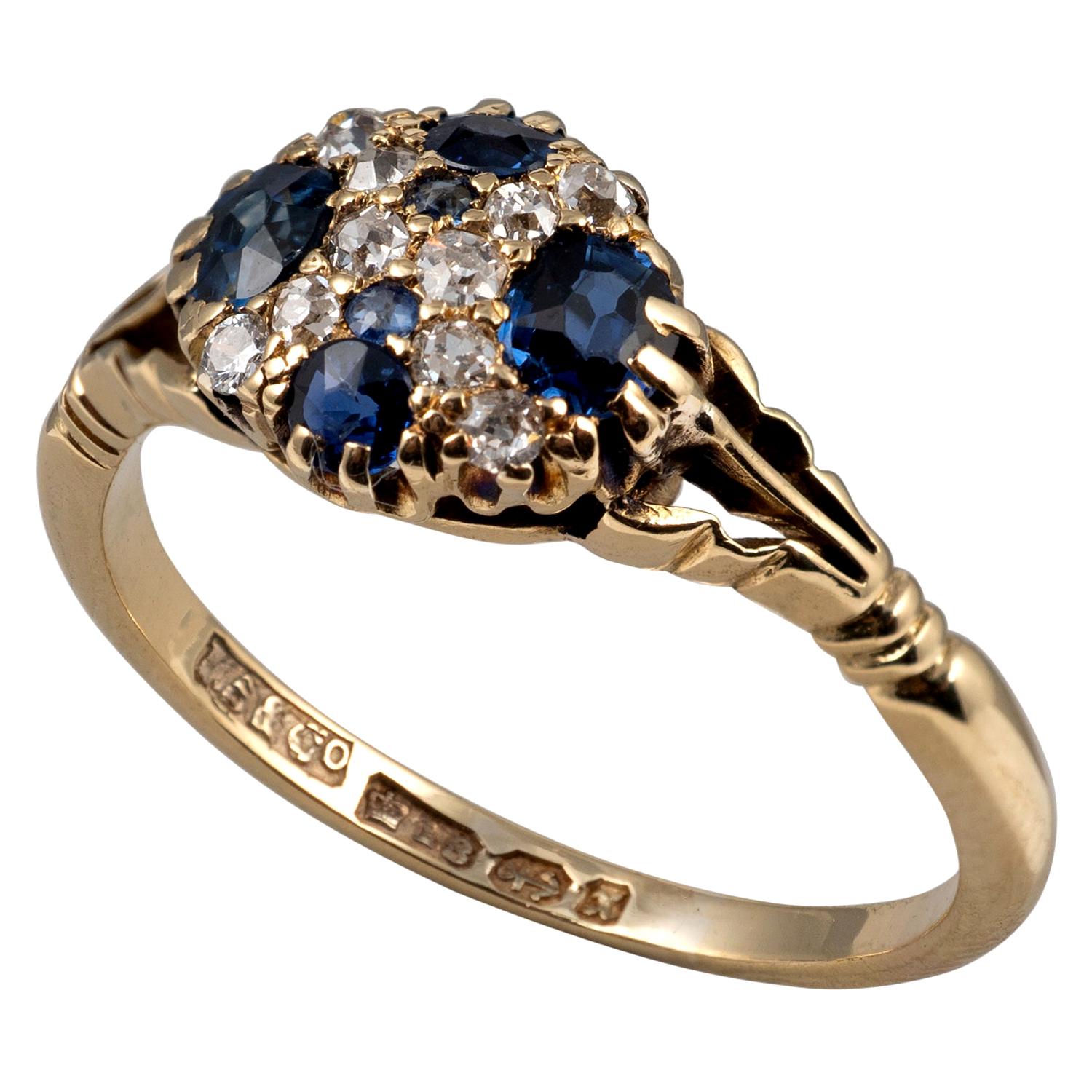 Antique Sapphire Diamond Cluster Dress Ring 18 Karat Gold For Sale