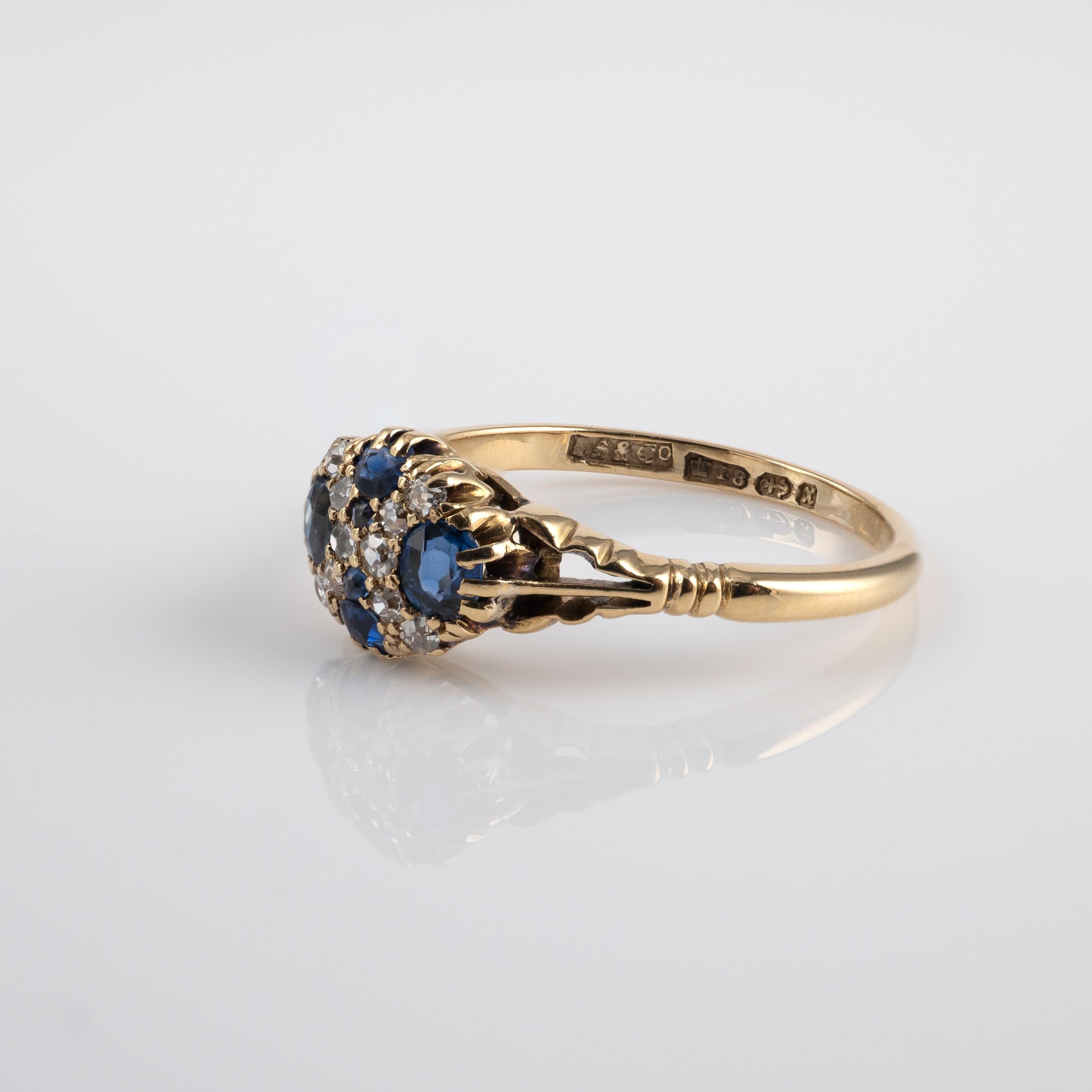 Antique Sapphire Diamond Cluster Dress Ring 18 Karat Gold For Sale 2