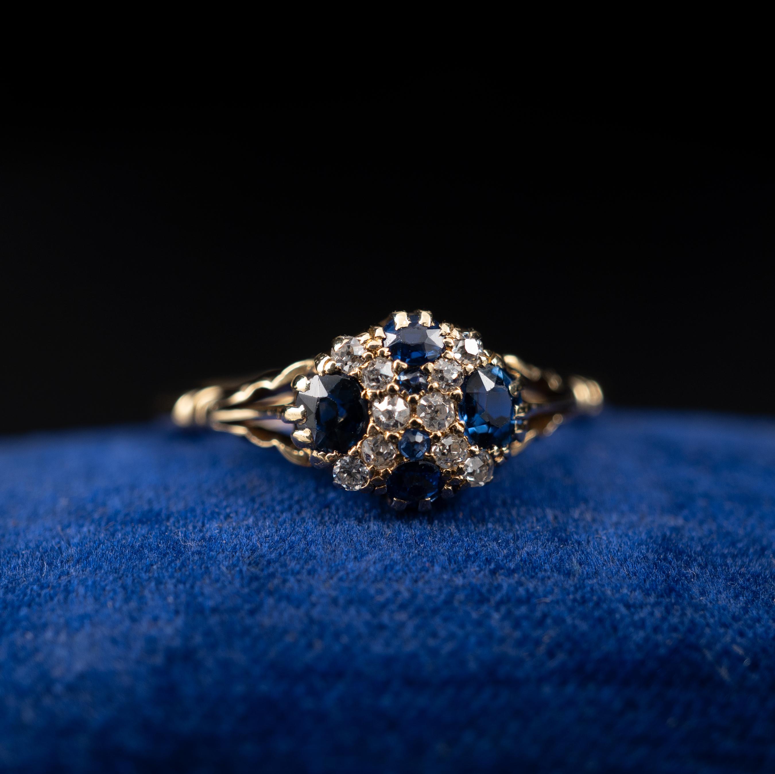 Women's Antique Sapphire Diamond Cluster Dress Ring 18 Karat Gold For Sale