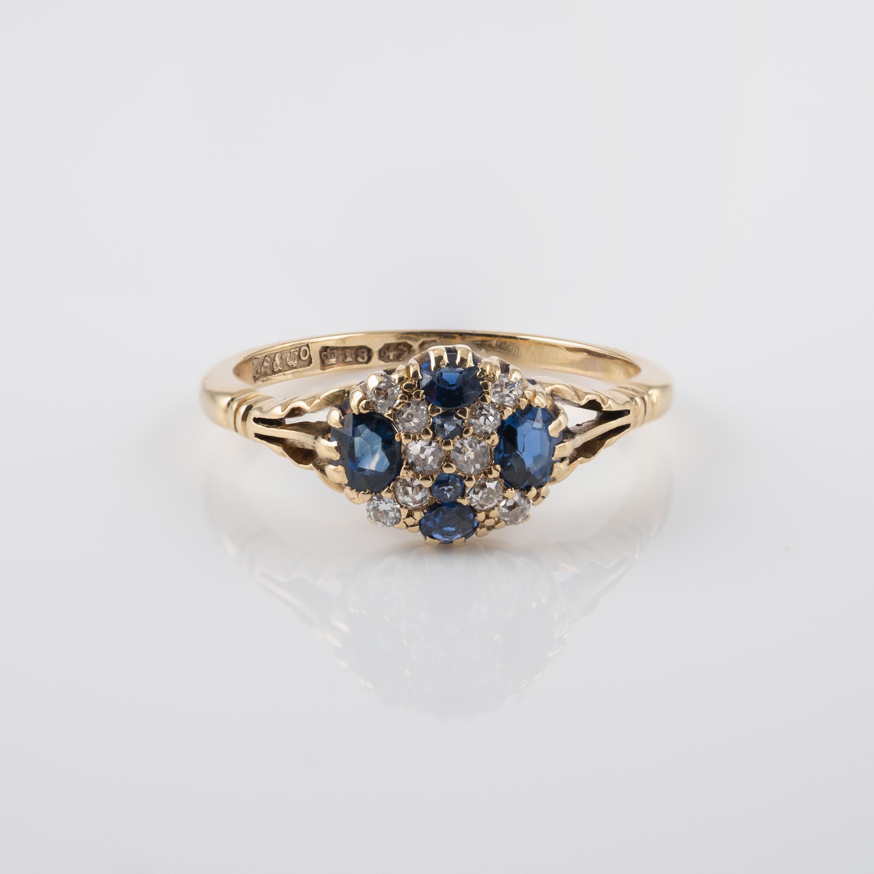 Antique Sapphire Diamond Cluster Dress Ring 18 Karat Gold For Sale 3
