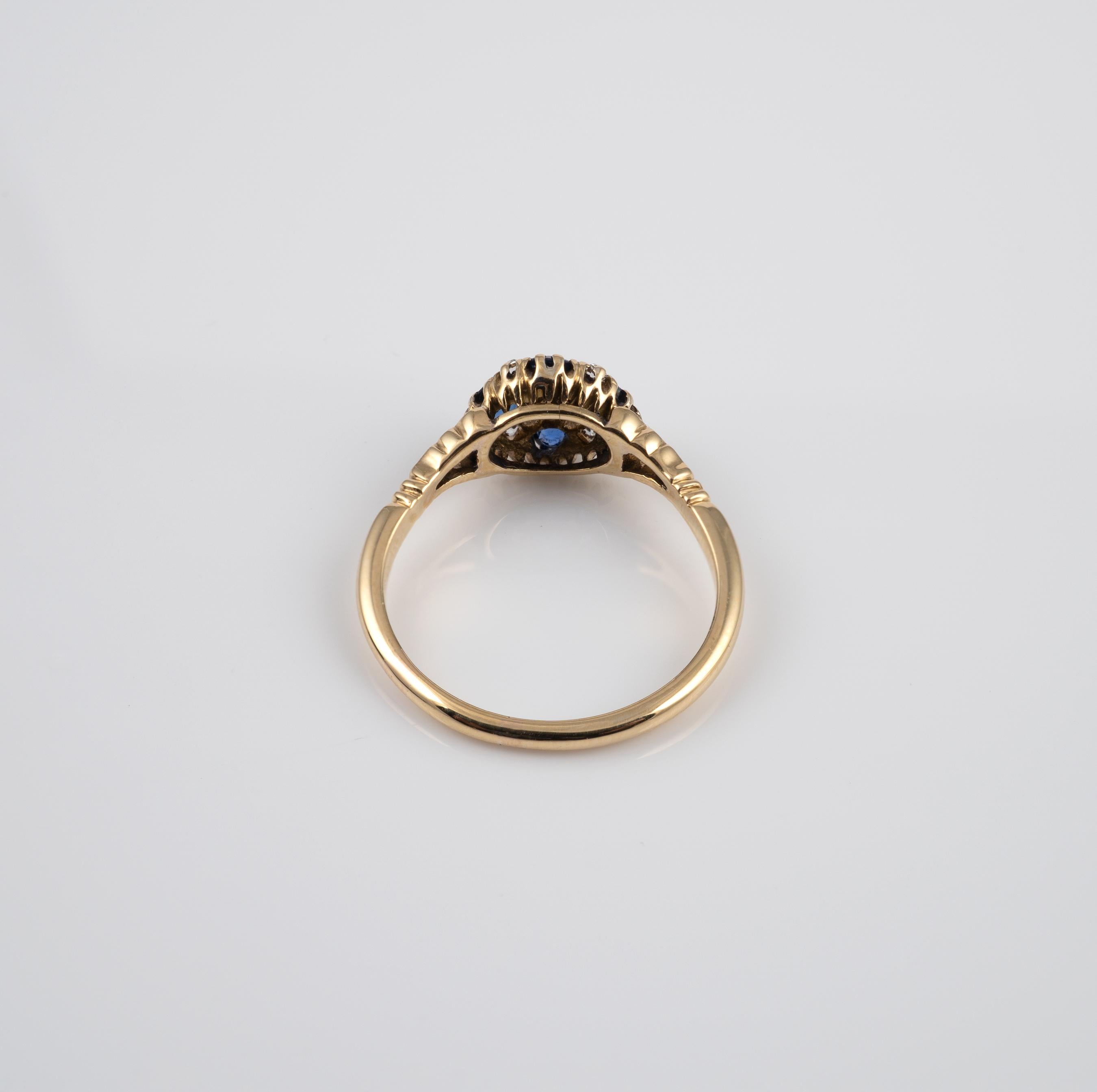 Antique Sapphire Diamond Cluster Dress Ring 18 Karat Gold For Sale 4
