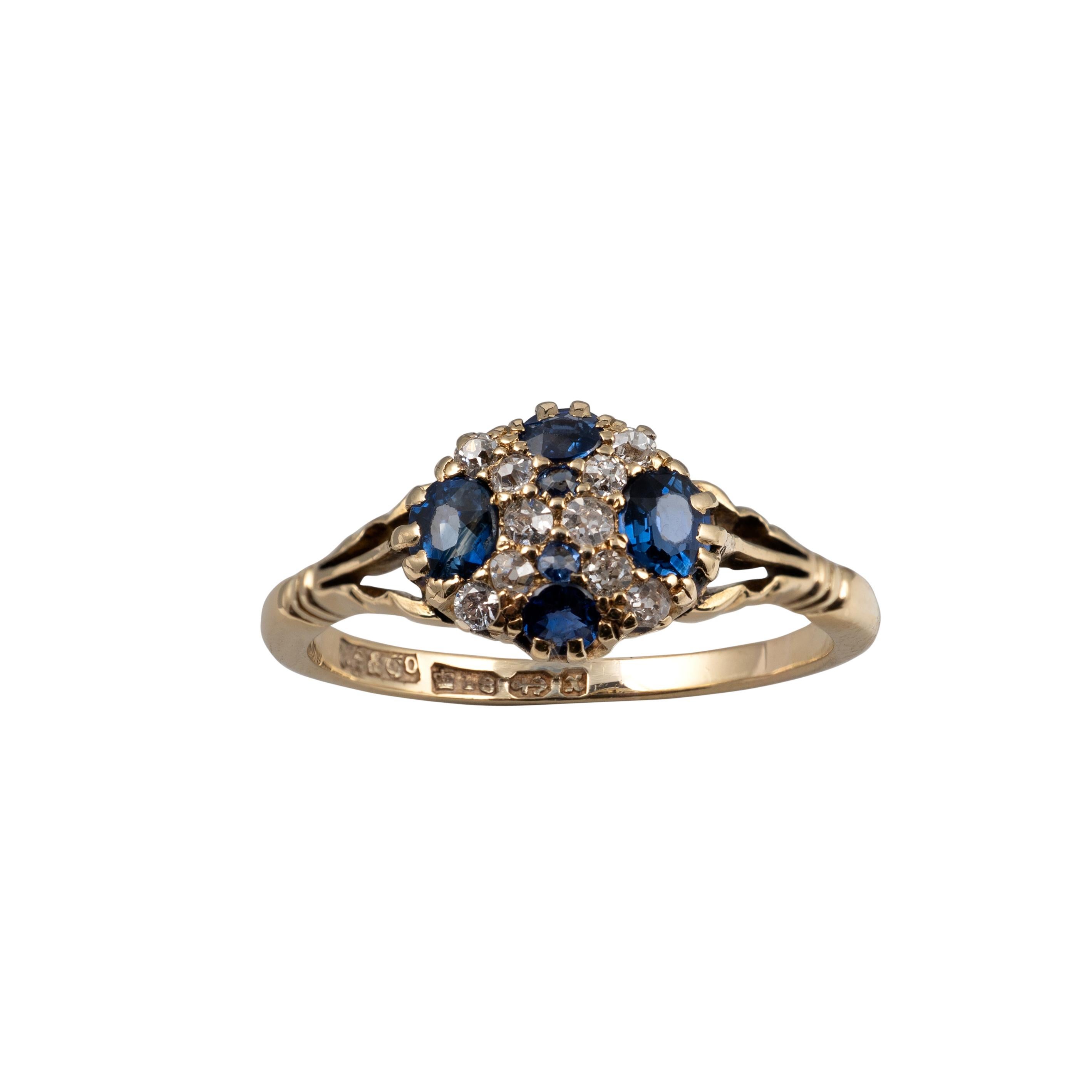 Antique Sapphire Diamond Cluster Dress Ring 18 Karat Gold In Excellent Condition For Sale In Preston, Lancashire