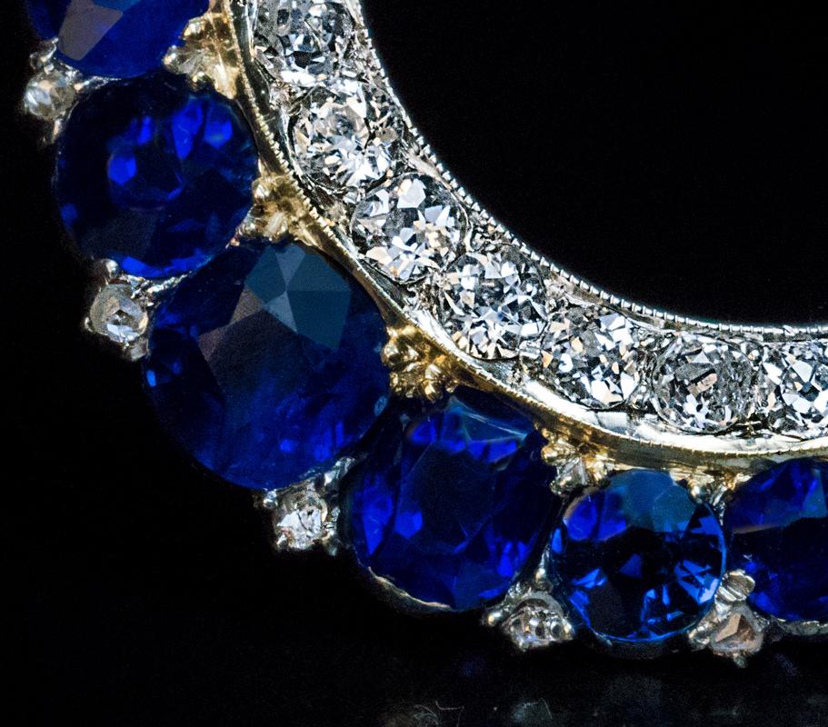 Old Mine Cut Antique Victorian Sapphire Diamond Crescent Brooch