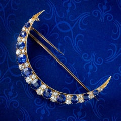 Antique Victorian Sapphire Diamond Crescent Moon Brooch 15 Carat Gold