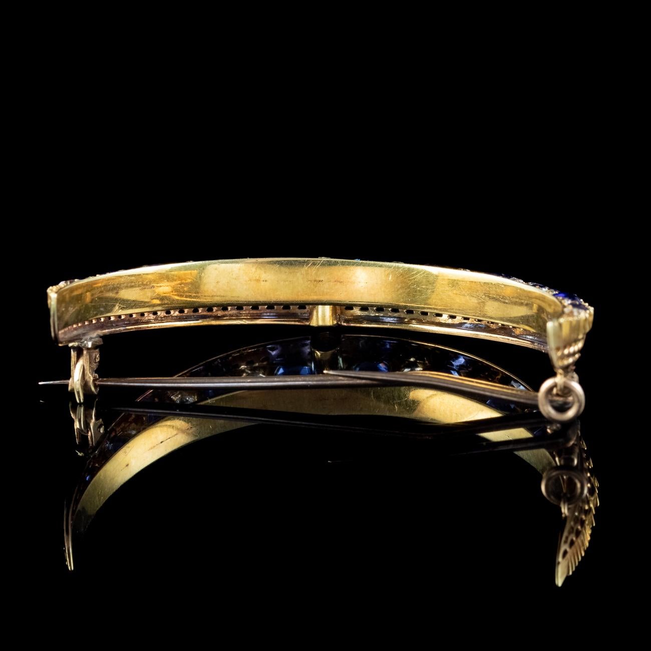 Women's Antique Victorian Sapphire Diamond Crescent Moon Brooch 15 Carat Gold For Sale