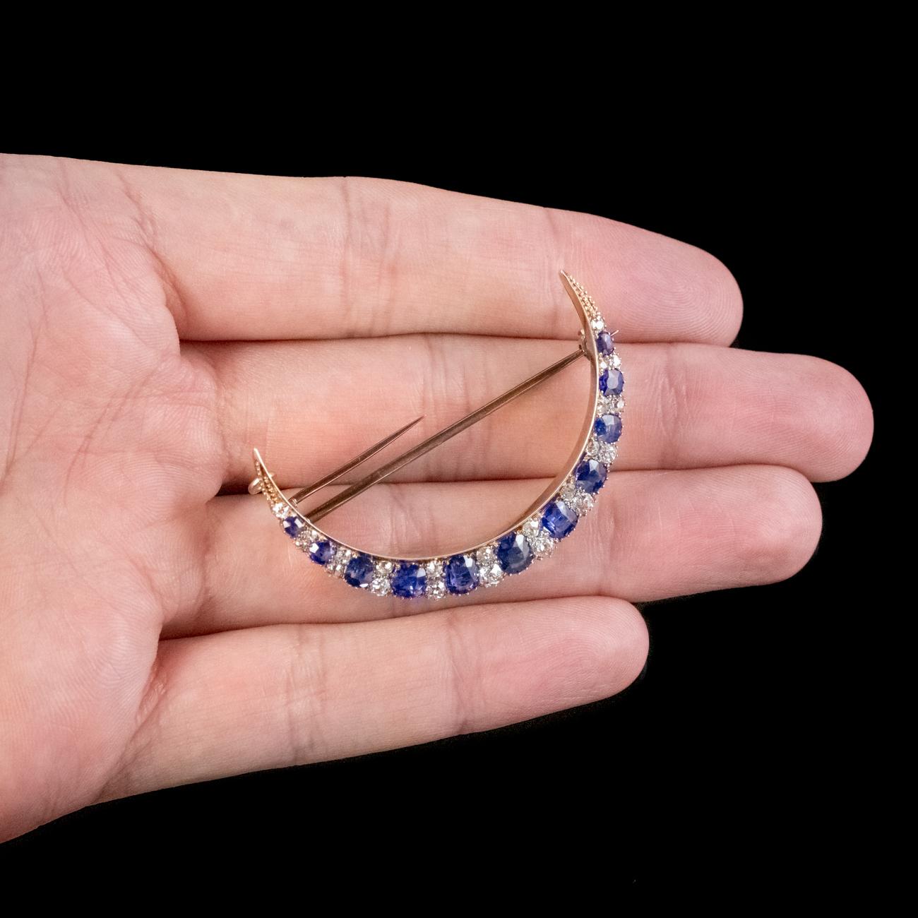 Antique Victorien Saphir Diamant Croissant de Lune Broche Or 15ct en vente 2