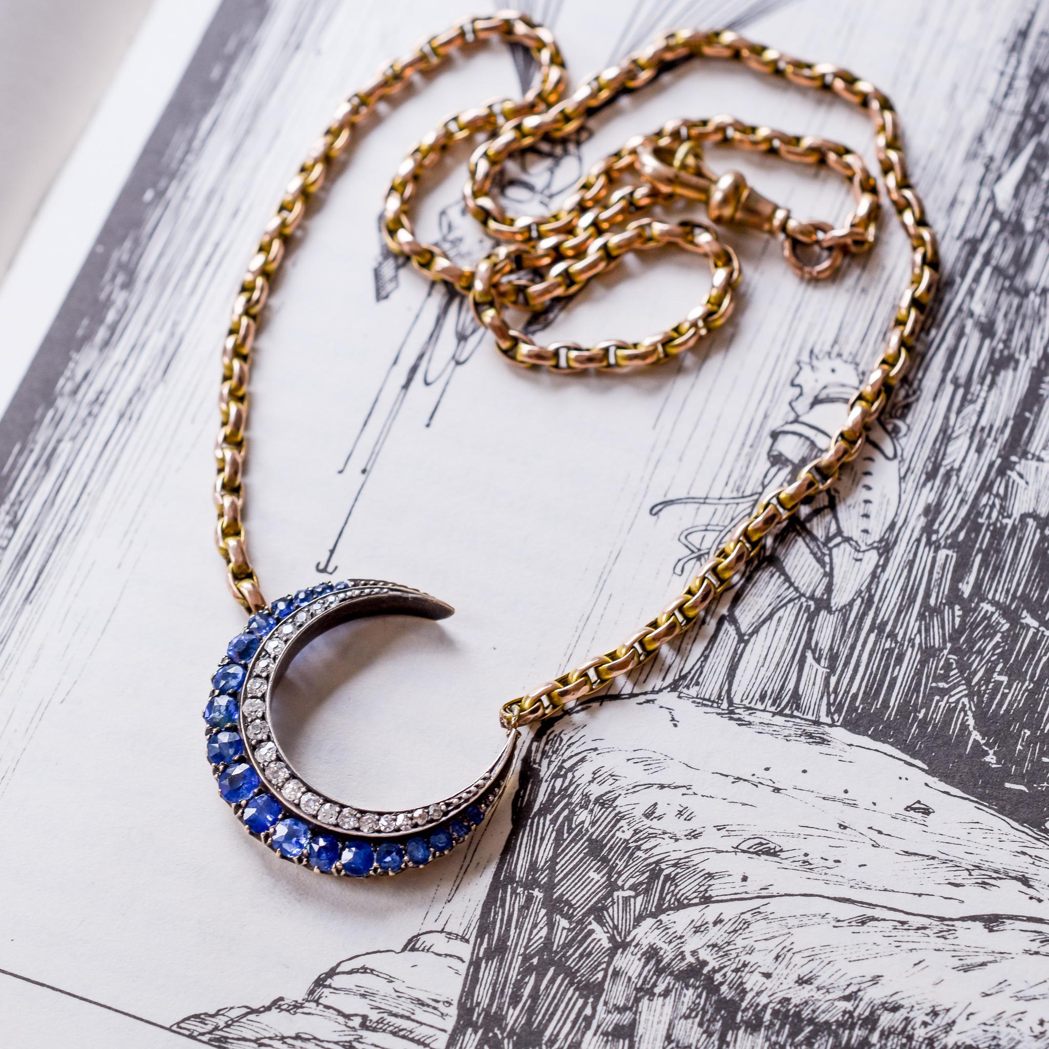 Antique Victorian Sapphire Diamond Crescent Moon Necklace In Excellent Condition In Sale, Cheshire