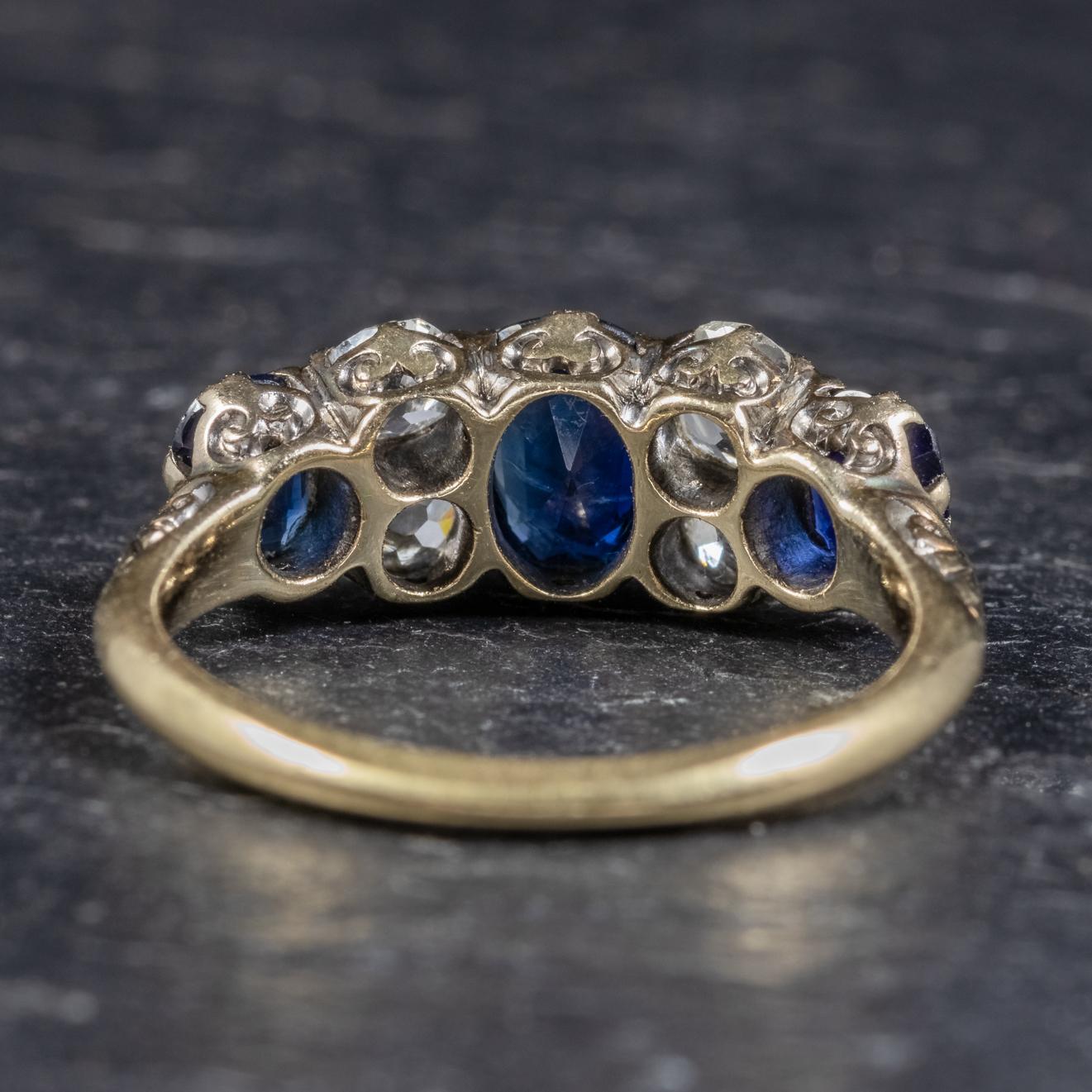 Women's Antique Victorian Sapphire Diamond Five-Stone Ring 18 Carat Gold, circa 1900