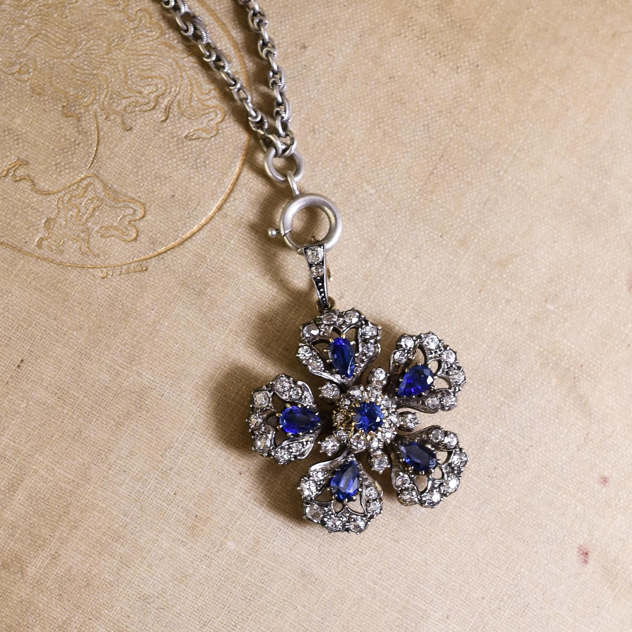 Antique Victorian Sapphire and Diamond Flower Pendant In Good Condition In Sale, Cheshire