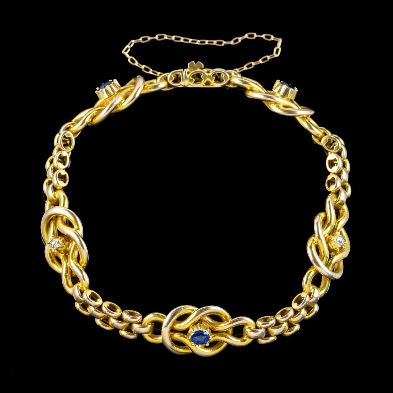 Antikes viktorianisches Saphir-Diamant-Love-Knoten-Armband aus 15 Karat Gold (Viktorianisch) im Angebot