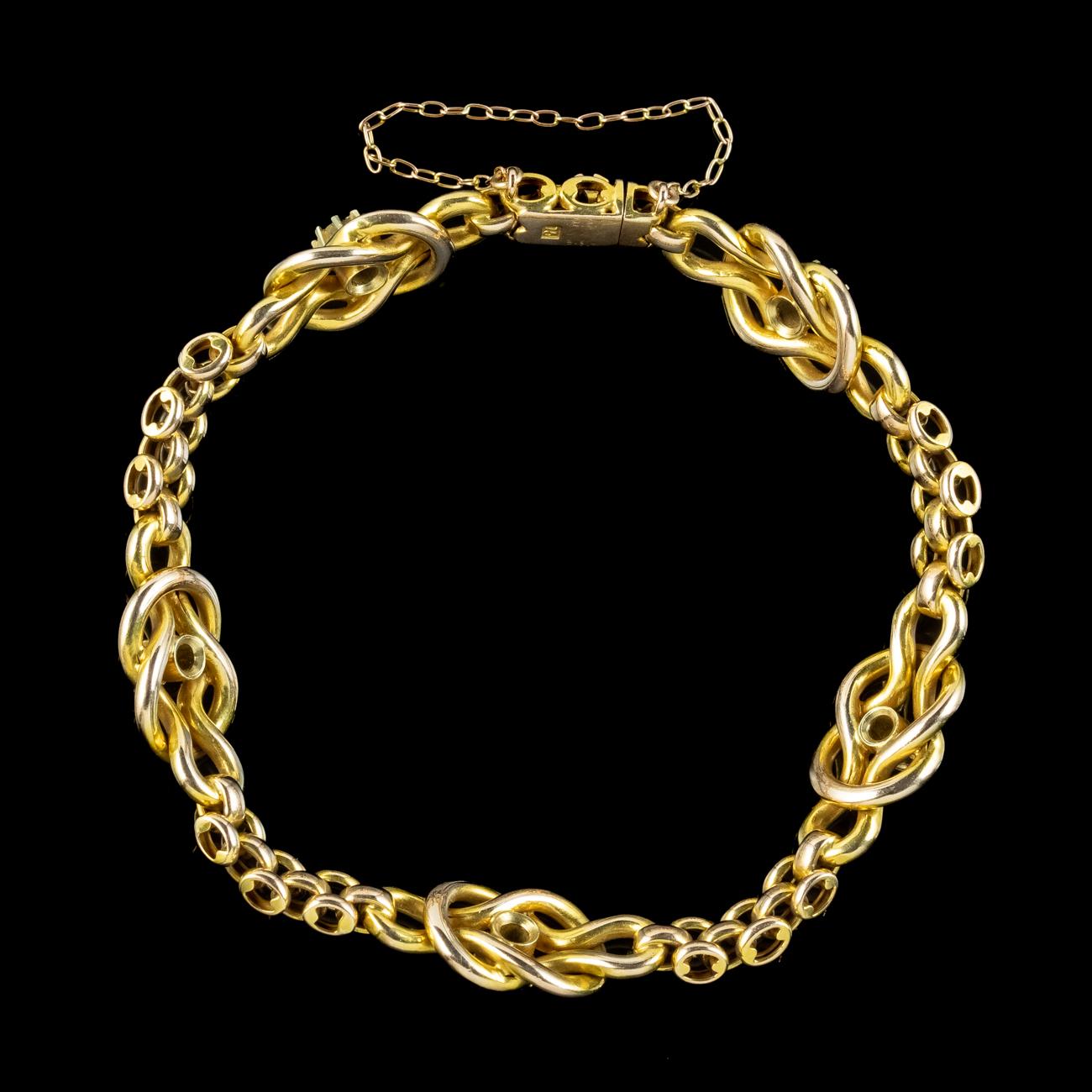Old Mine Cut Antique Victorian Sapphire Diamond Love Knot Bracelet 15 Carat Gold For Sale