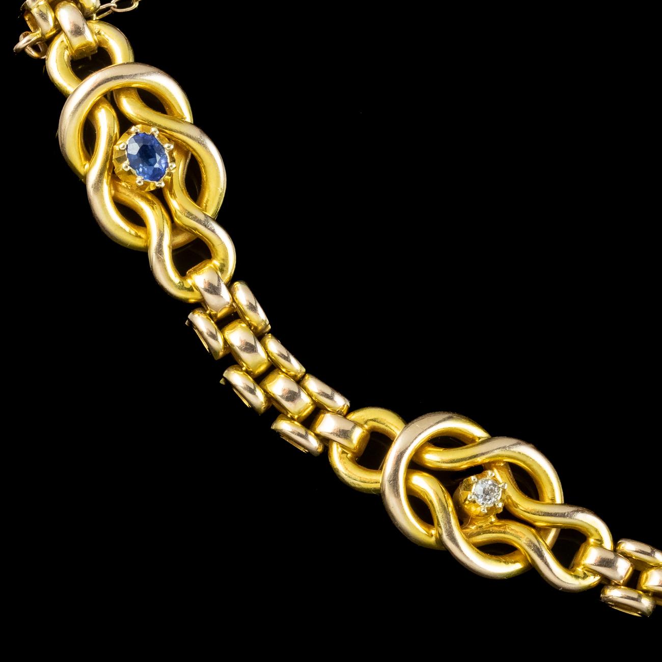 Antique Victorian Sapphire Diamond Love Knot Bracelet 15 Carat Gold In Good Condition For Sale In Kendal, GB