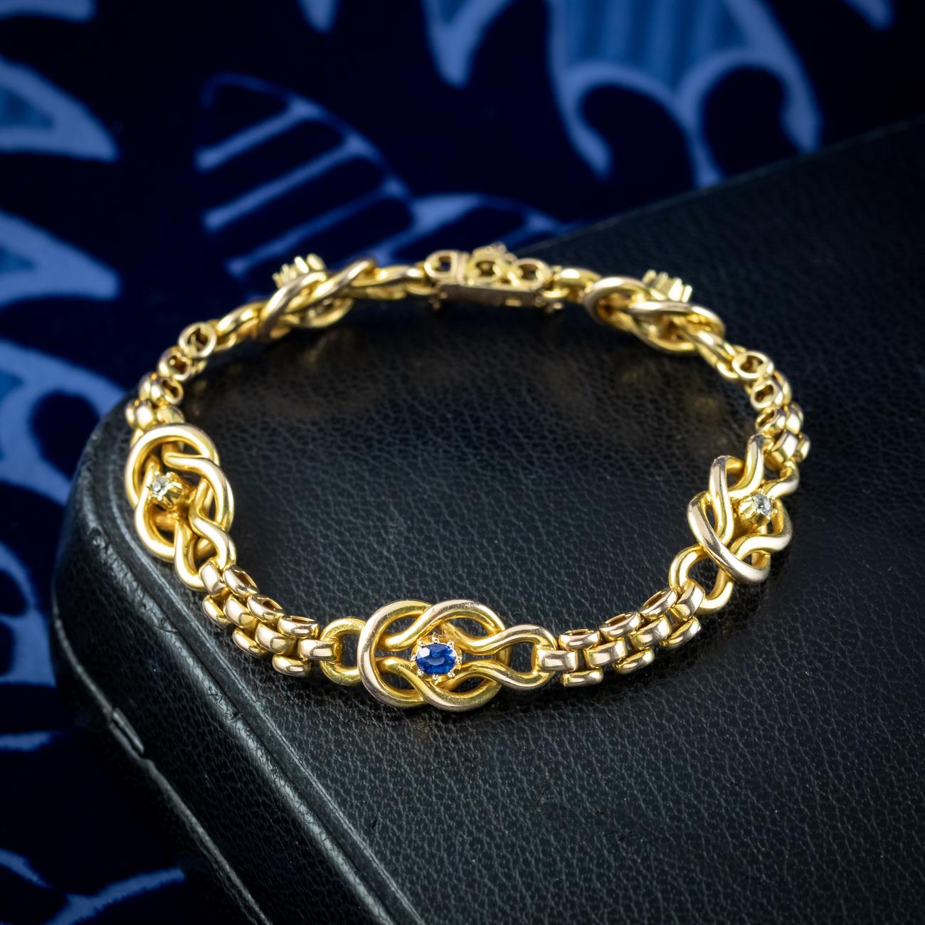 Antique Victorian Sapphire Diamond Love Knot Bracelet 15 Carat Gold For Sale 2