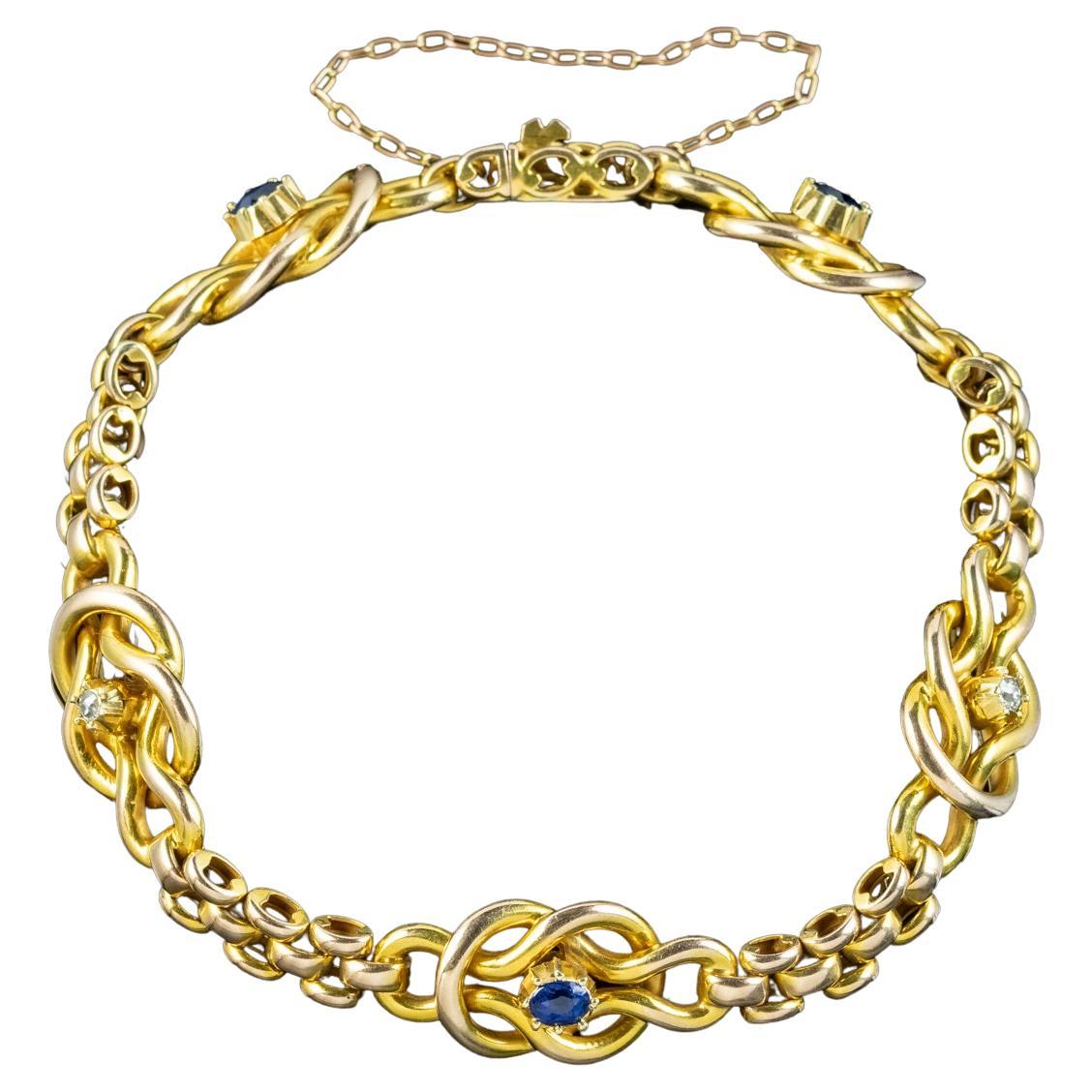 Antique Victorian Sapphire Diamond Love Knot Bracelet 15 Carat Gold For Sale