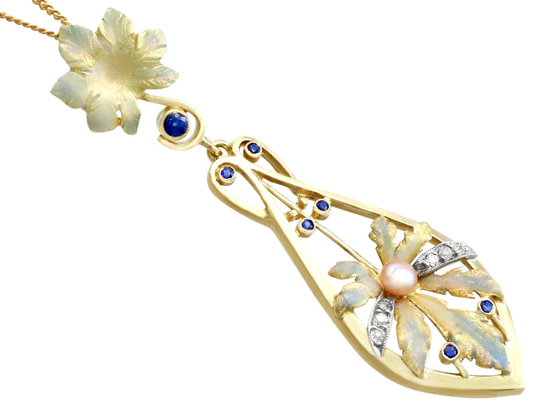 Round Cut Antique Victorian Sapphire Diamond Pearl and Enamel Yellow Gold Pendant For Sale